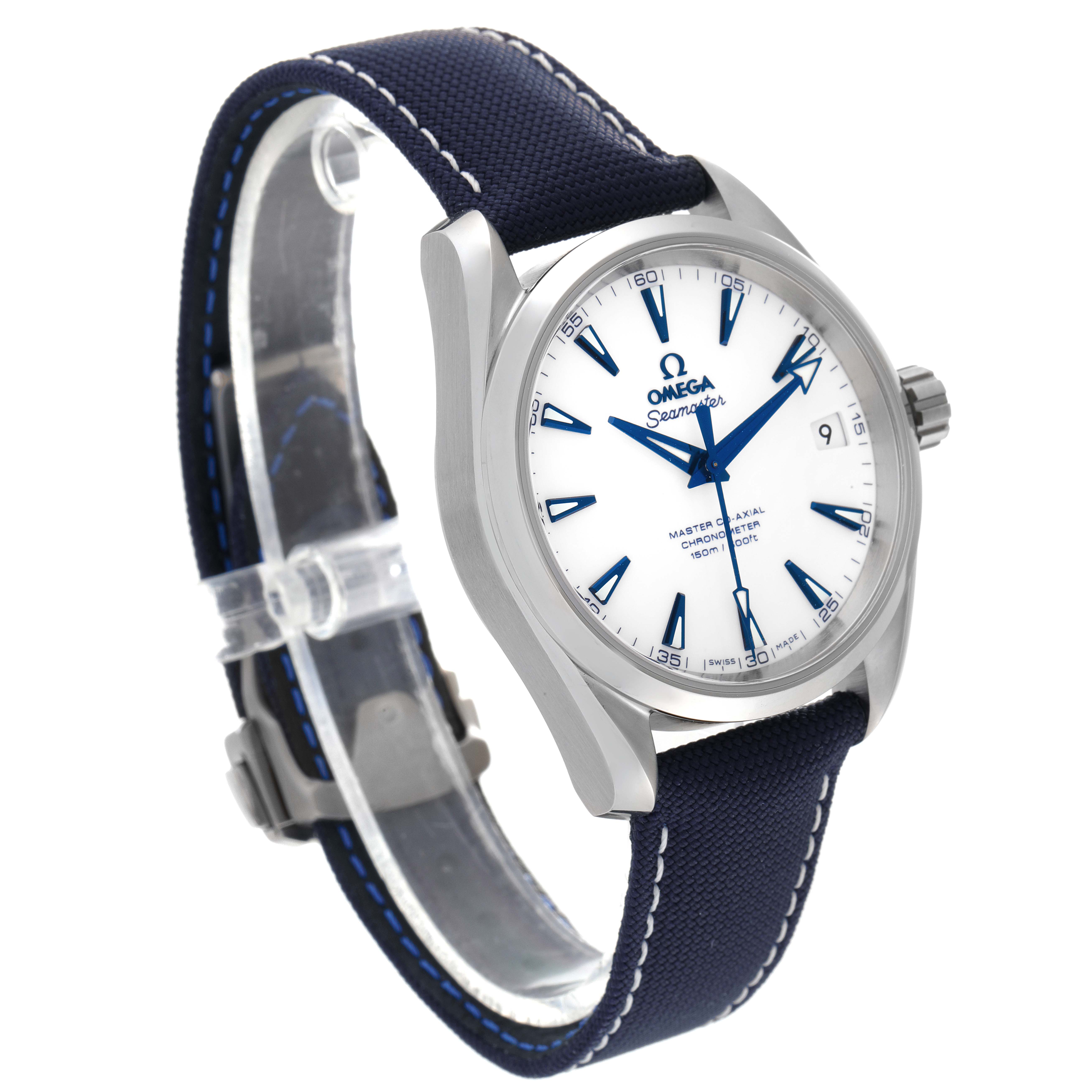 This image shows an Omega Aqua Terra 231.92.39.21.04.001 Men's Titanium White Dial 231.92.39.21.04.001 Men's Titanium White Dial watch from a three-quarter angle, highlighting the watch face, bezel, crown, and strap.