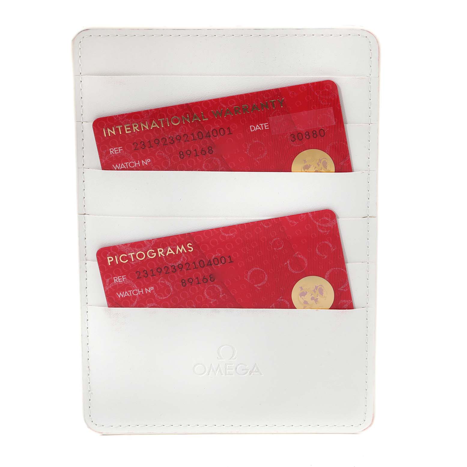 The image shows the warranty and pictogram cards for the Omega Aqua Terra 231.92.39.21.04.001 Men's Titanium White Dial 231.92.39.21.04.001 Men's Titanium White Dial model in a white cardholder.