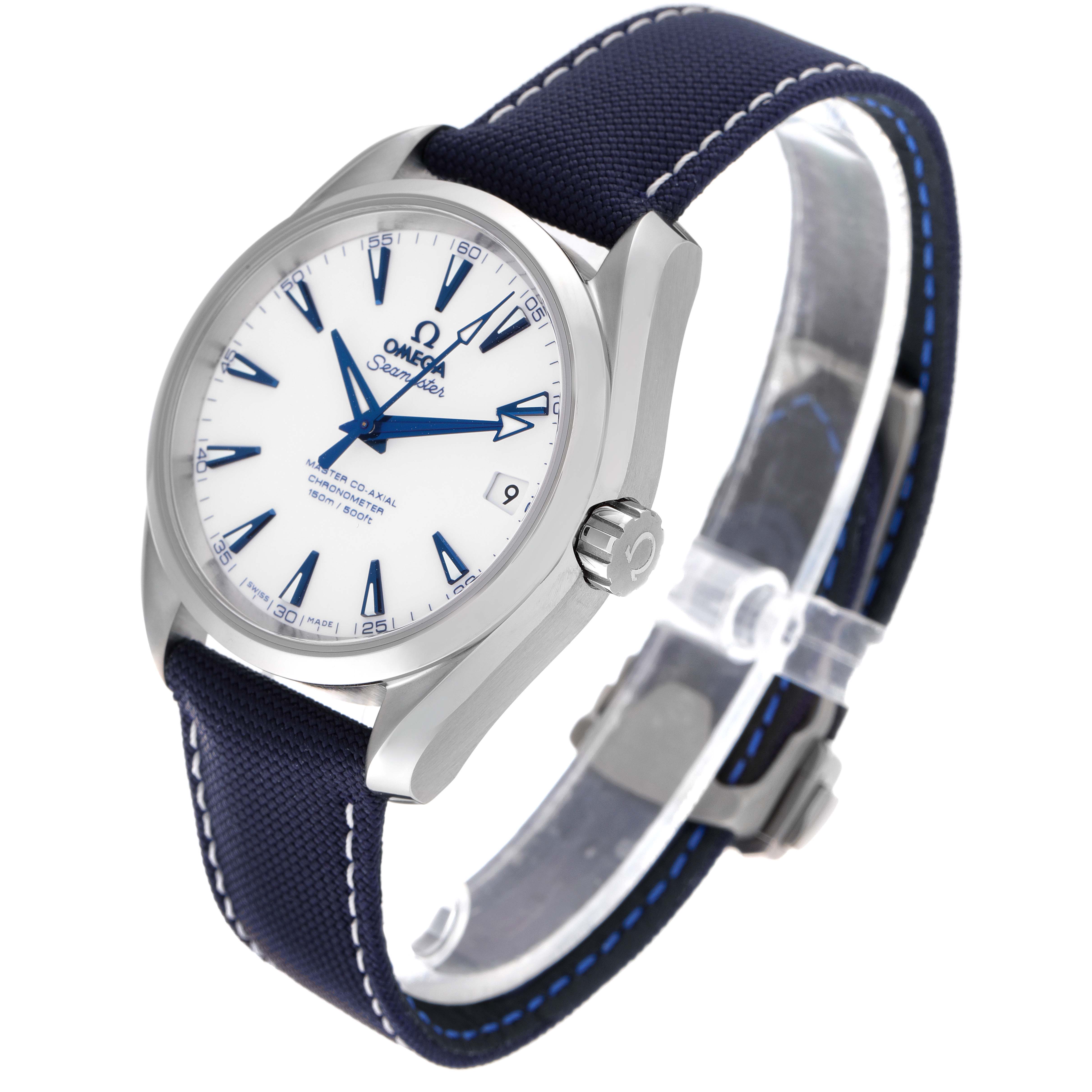 The image shows an Omega Aqua Terra 231.92.39.21.04.001 Men's Titanium White Dial 231.92.39.21.04.001 Men's Titanium White Dial watch at an angle highlighting the dial, crown, and strap.