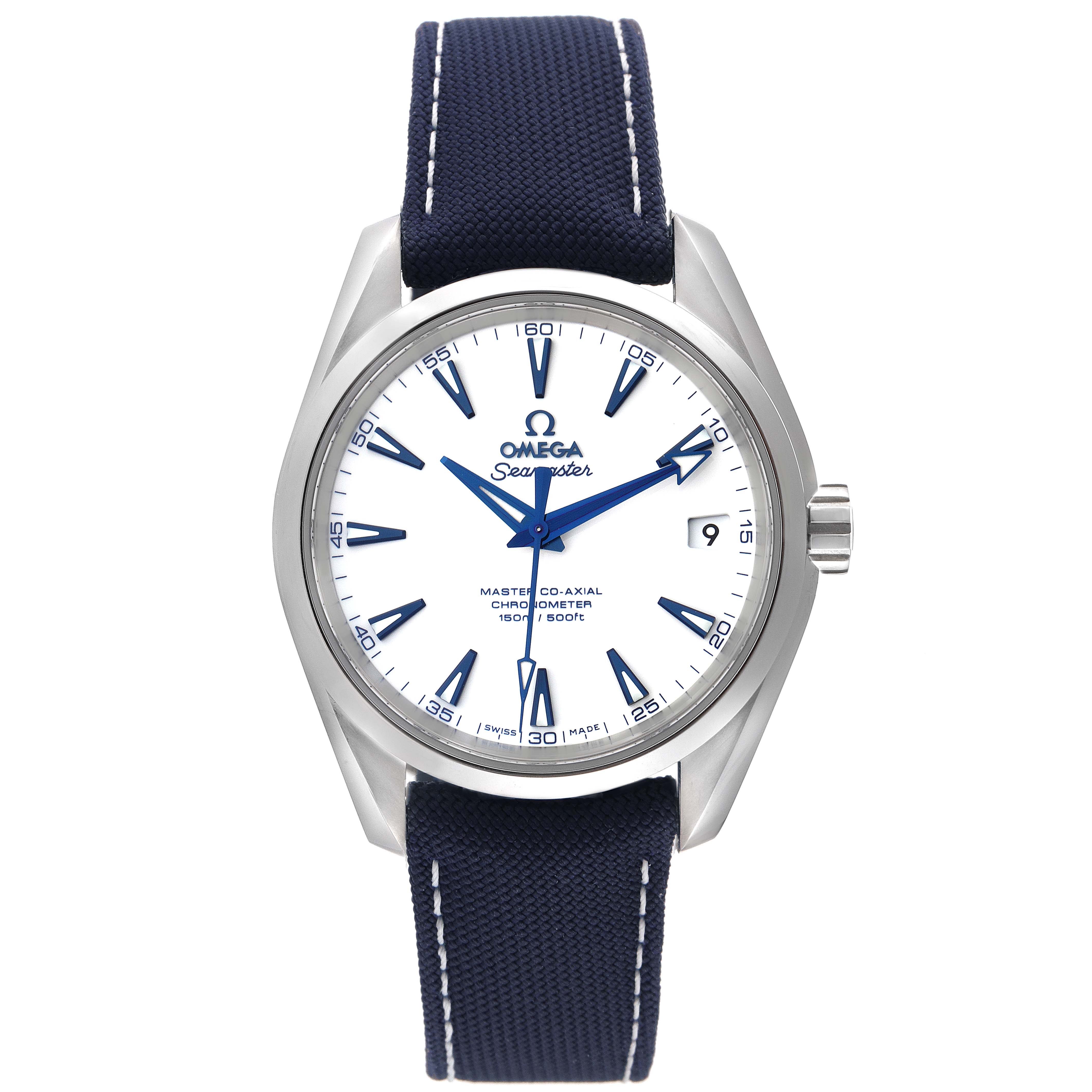 This image shows a front view of the Omega Aqua Terra 231.92.39.21.04.001 Men's Titanium White Dial 231.92.39.21.04.001 Men's Titanium White Dial watch with a blue strap and white dial.