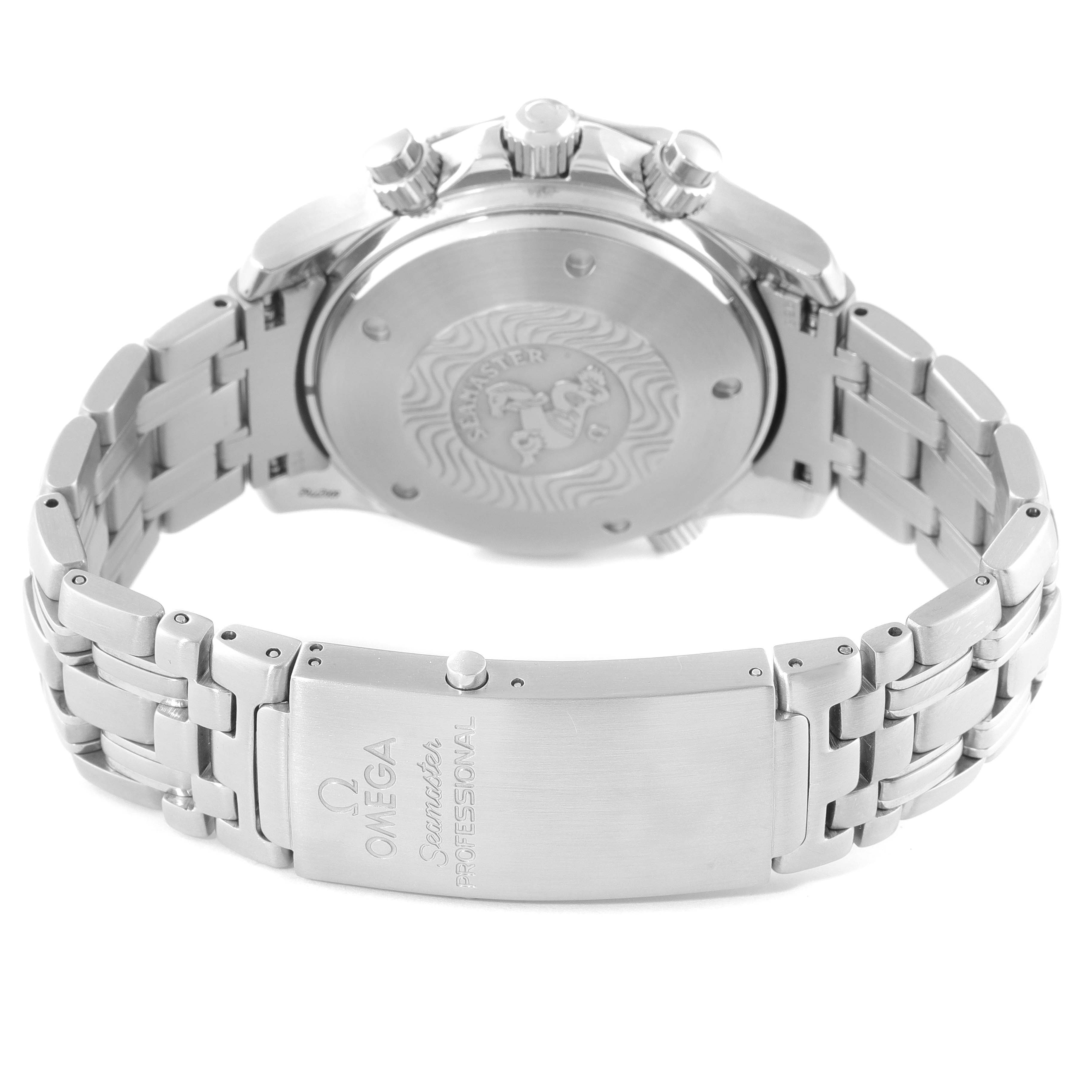 The image shows the back case and bracelet of an Omega Seamaster 2599.80.00 Men's Stainless Steel Blue Dial 2599.80.00 Men's Stainless Steel Blue Dial watch, focusing on the clasp and engraved back.