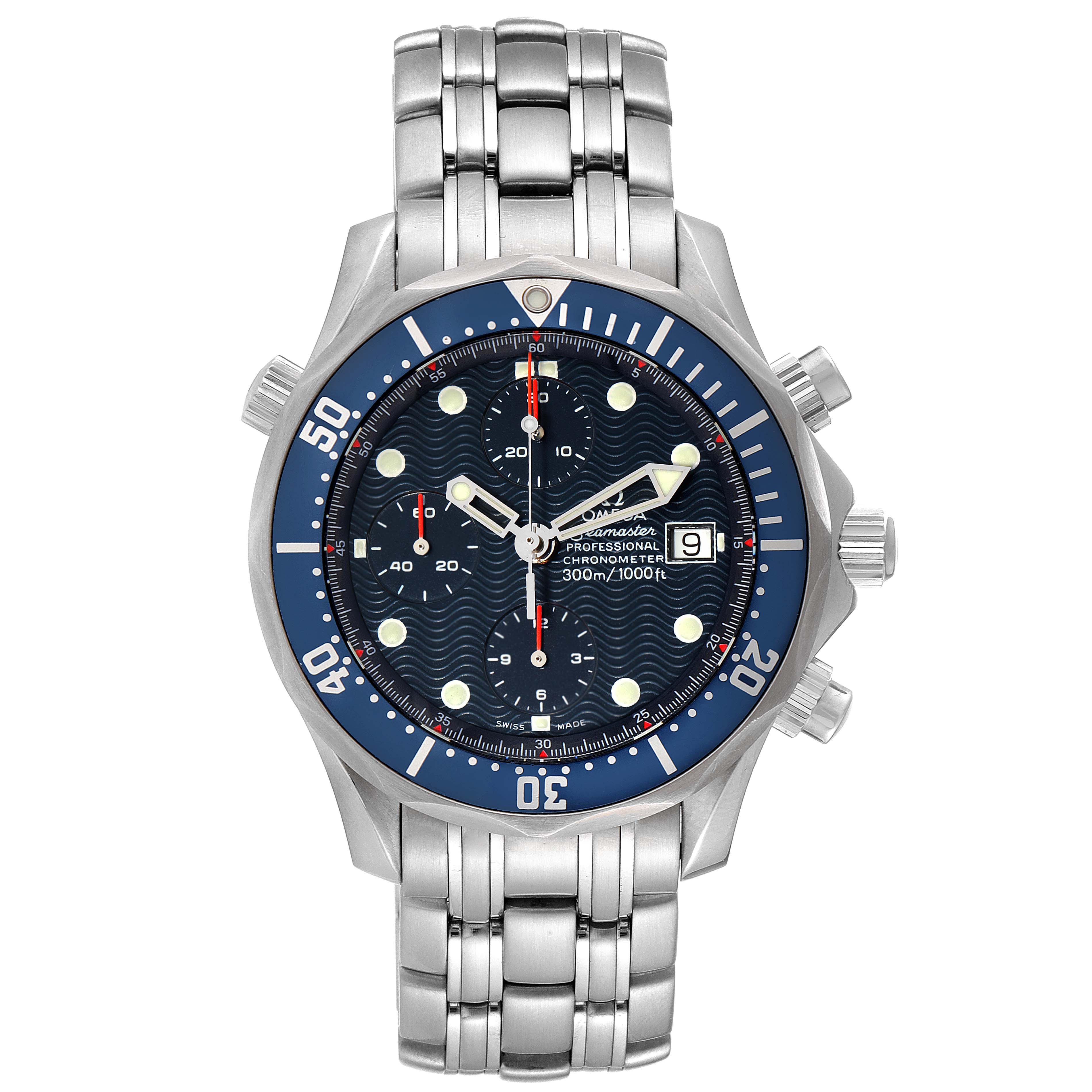 The image shows a front view of the Omega Seamaster 2599.80.00 Men's Stainless Steel Blue Dial 2599.80.00 Men's Stainless Steel Blue Dial watch, displaying its dial, bezel, bracelet, pushers, and crown.