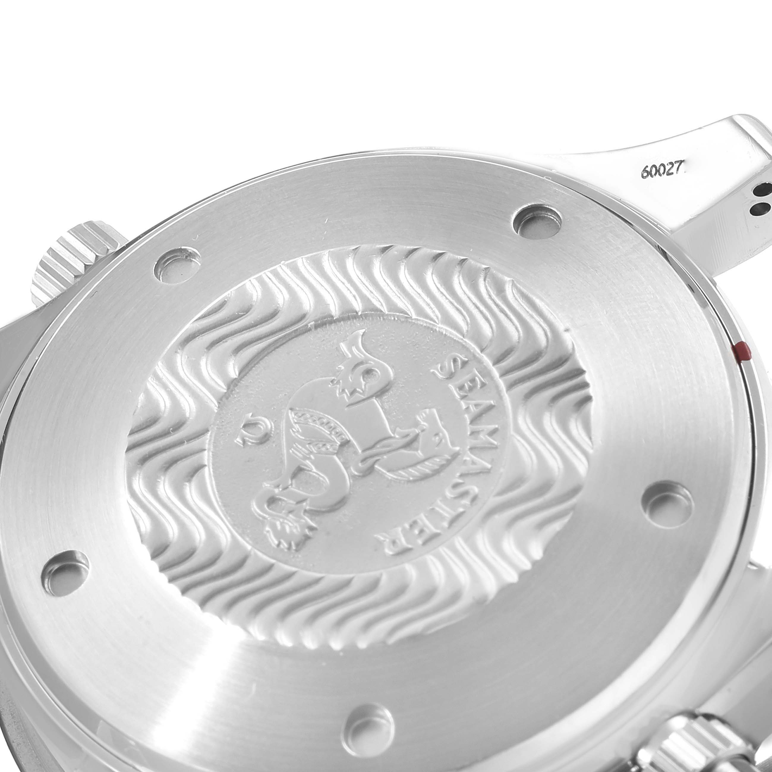 The image shows the case back with engravings and crown of an Omega Seamaster 2599.80.00 Men's Stainless Steel Blue Dial 2599.80.00 Men's Stainless Steel Blue Dial watch.