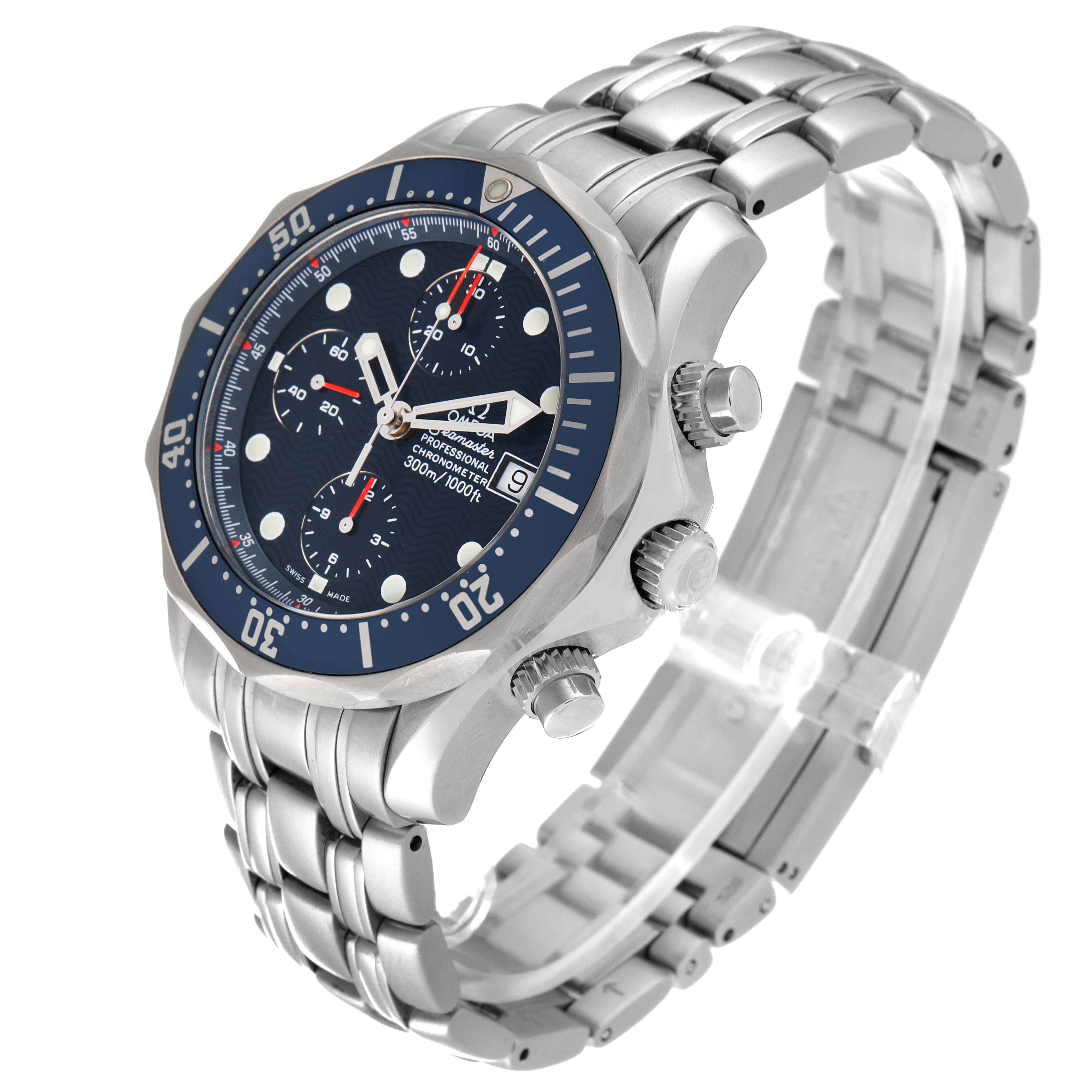 The Omega Seamaster 2599.80.00 Men's Stainless Steel Blue Dial 2599.80.00 Men's Stainless Steel Blue Dial watch is shown at a slight angle, highlighting the bezel, dial, pushers, and bracelet.