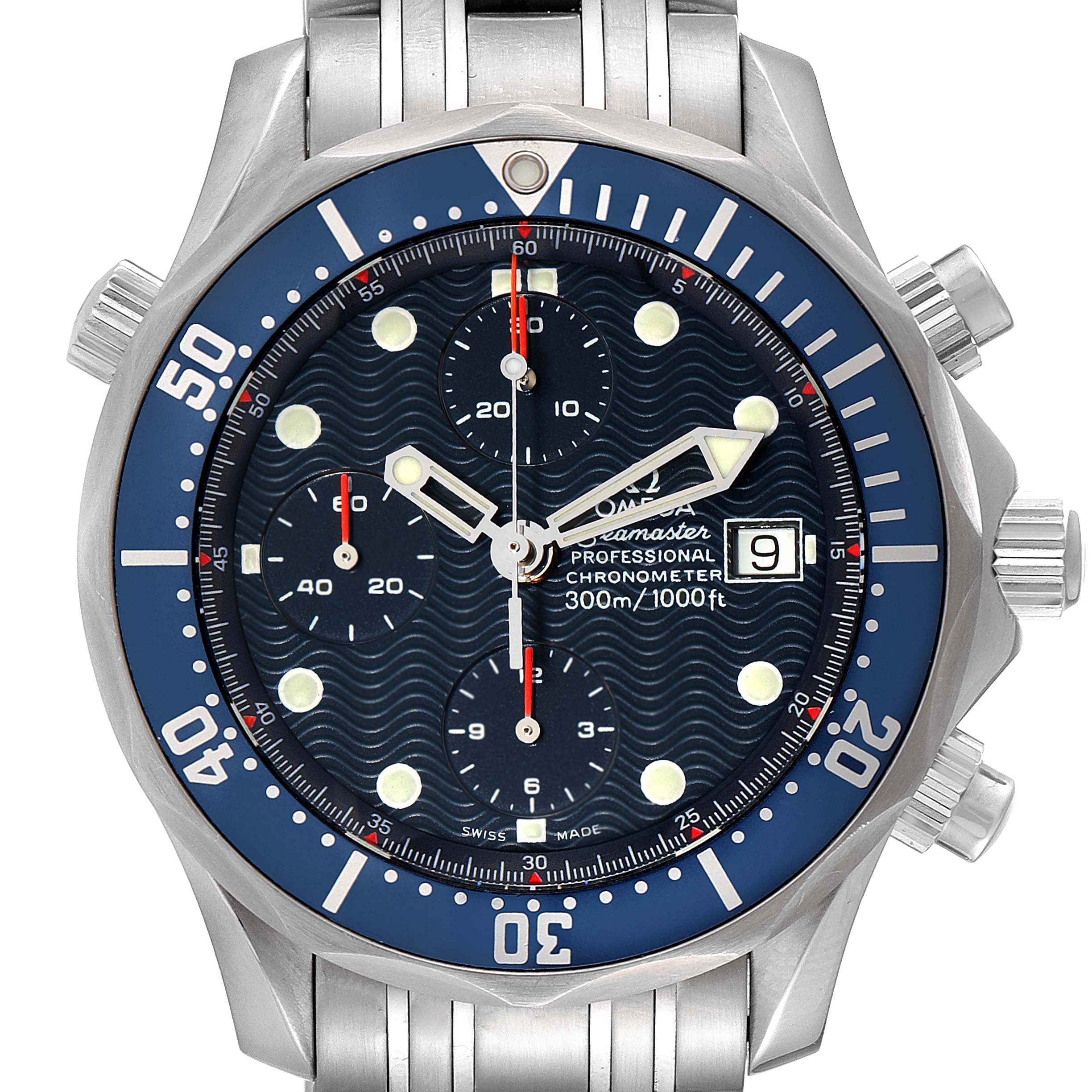 The image shows a front view of the Omega Seamaster 2599.80.00 Men's Stainless Steel Blue Dial 2599.80.00 Men's Stainless Steel Blue Dial watch, detailing the dial, bezel, and stainless steel bracelet.