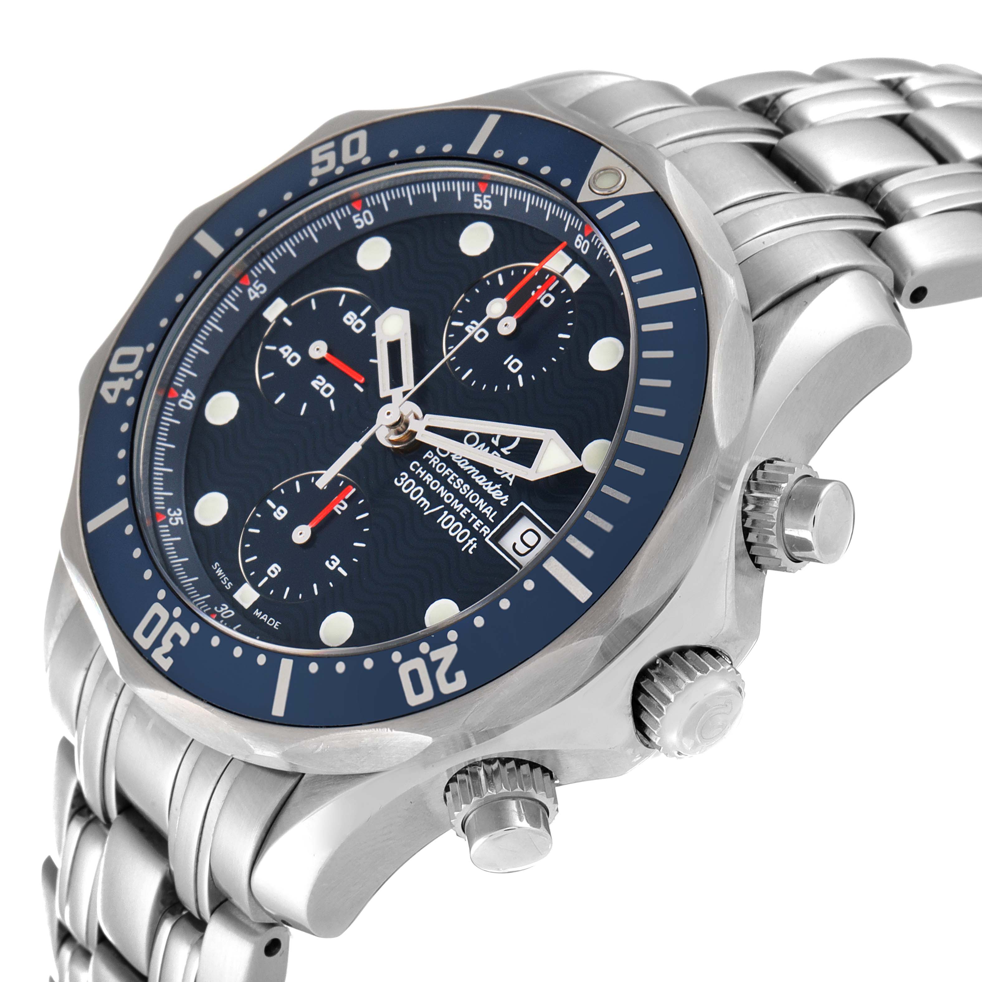 The image shows an angled view of the Omega Seamaster 2599.80.00 Men's Stainless Steel Blue Dial 2599.80.00 Men's Stainless Steel Blue Dial watch, featuring the face, bezel, crown, pushers, and part of the bracelet.