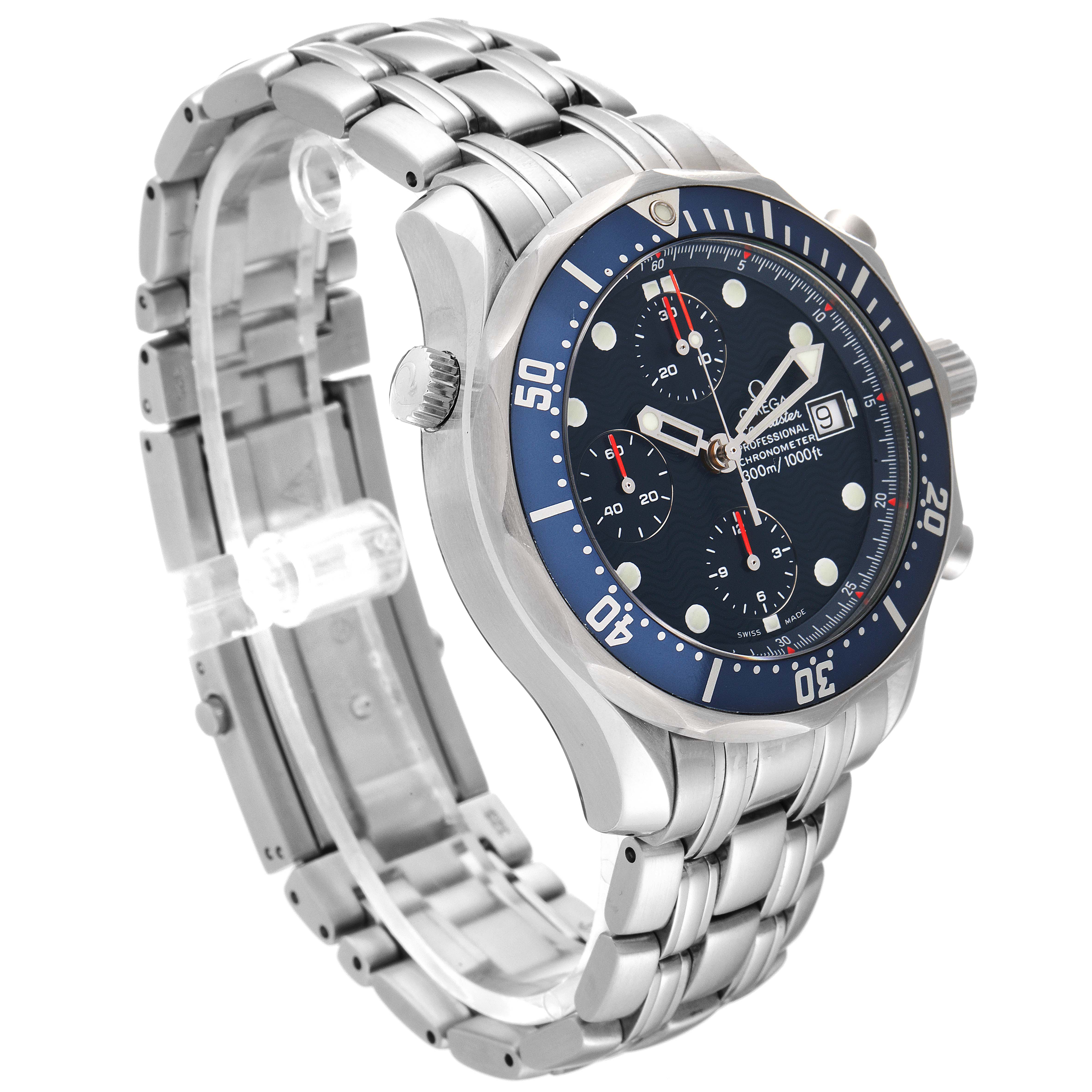 The Omega Seamaster 2599.80.00 Men's Stainless Steel Blue Dial 2599.80.00 Men's Stainless Steel Blue Dial watch is shown at a three-quarter angle, displaying its metal band, bezel, dial, and chronograph functions.