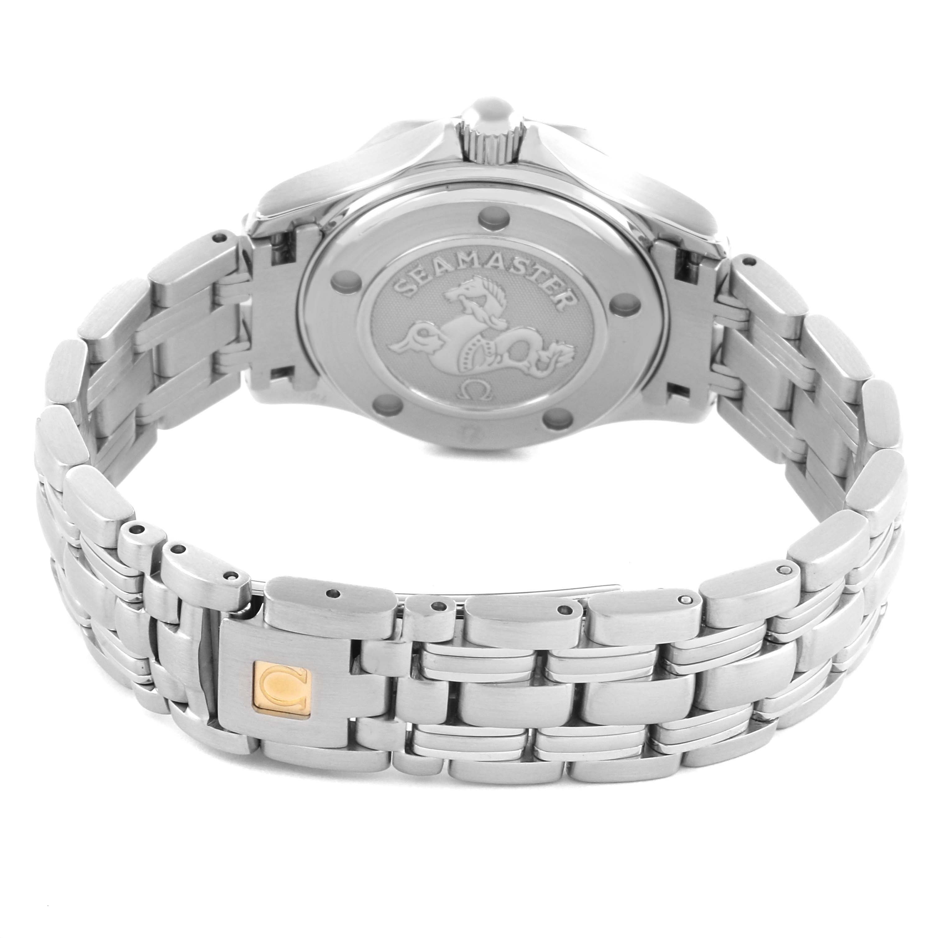 The image shows the back and clasp of the Omega 212.30.28.61.01.001 Women's Stainless Steel Black Dial 212.30.28.61.01.001 Women's Stainless Steel Black Dial Seamaster Diver 300M Ladies Watch, highlighting the bracelet and engraved case back.