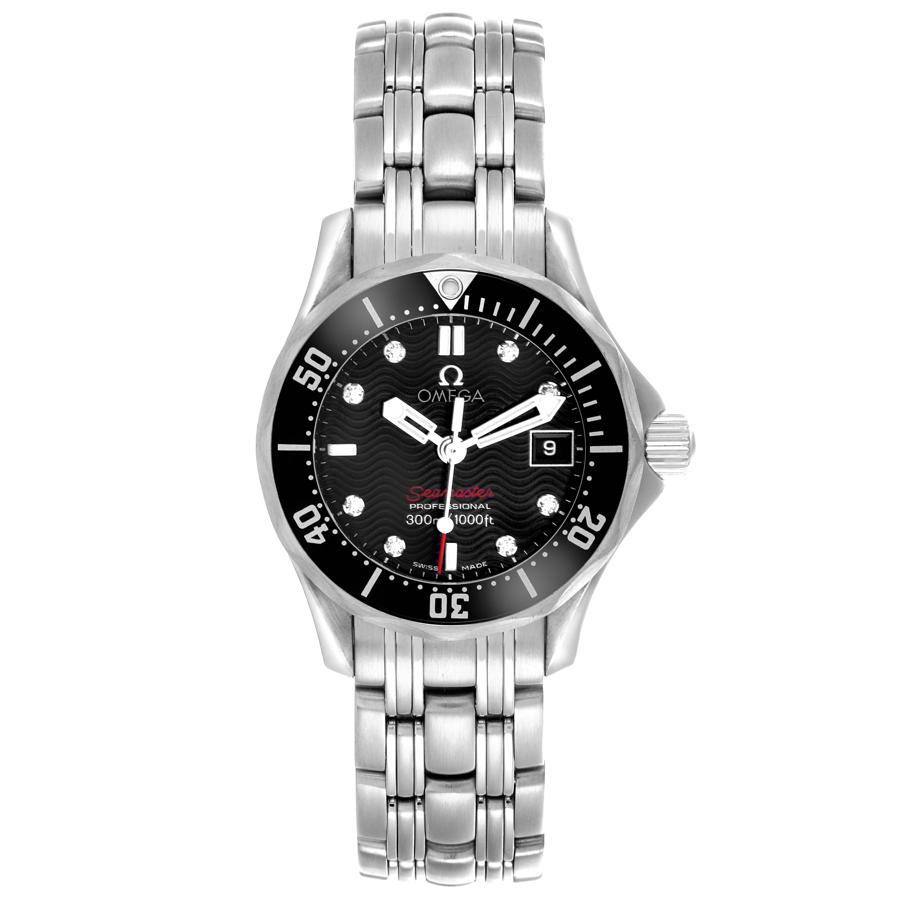 The Omega 212.30.28.61.01.001 Women's Stainless Steel Black Dial 212.30.28.61.01.001 Women's Stainless Steel Black Dial Seamaster Diver 300M 28mm Quartz Diamond Ladies Watch is shown from a front angle, highlighting the face and bracelet.