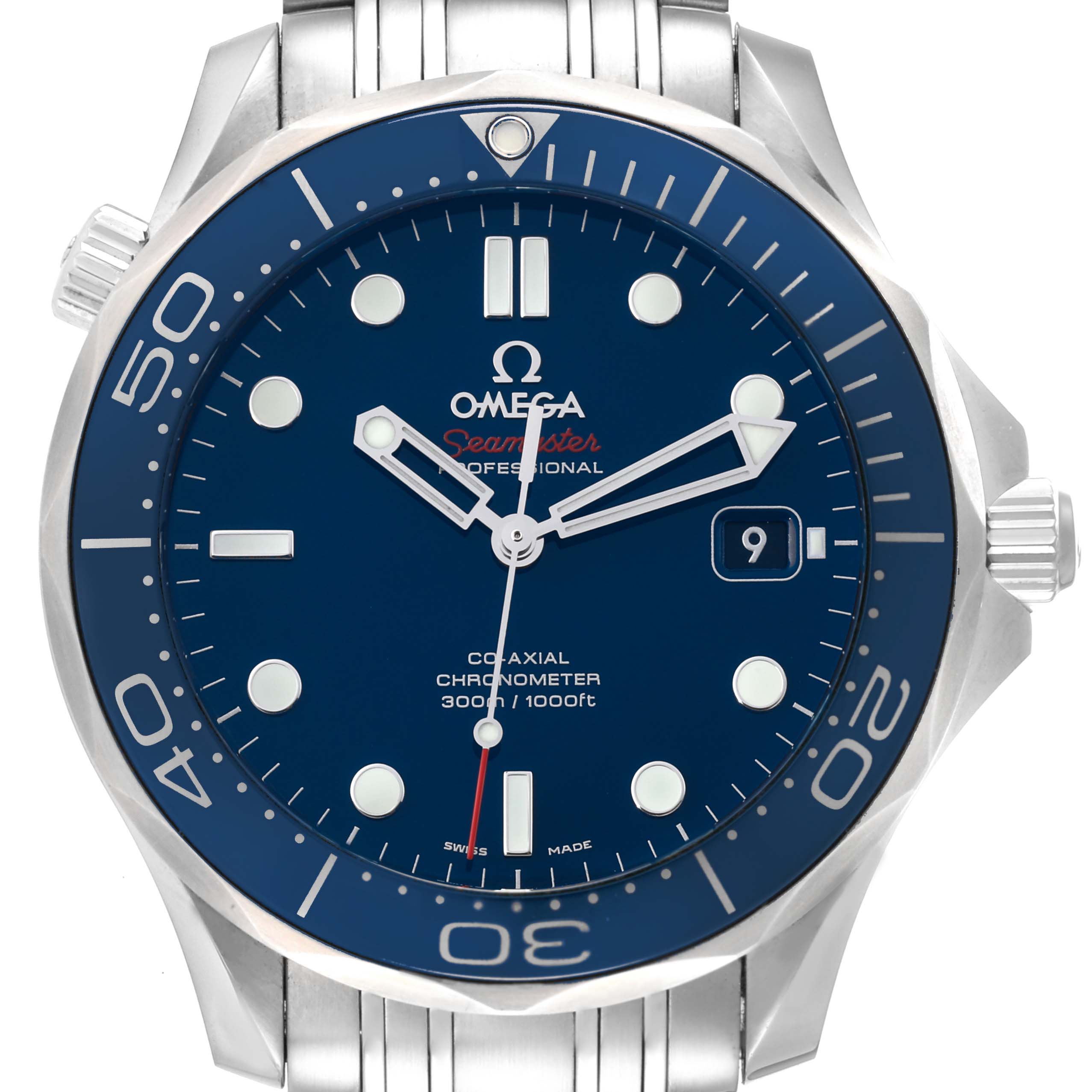 The image shows a front view of the Omega Seamaster 212.30.41.20.03.001 Men's Stainless Steel Blue Dial 212.30.41.20.03.001 Men's Stainless Steel Blue Dial watch, highlighting the dial, bezel, hands, and part of the bracelet.