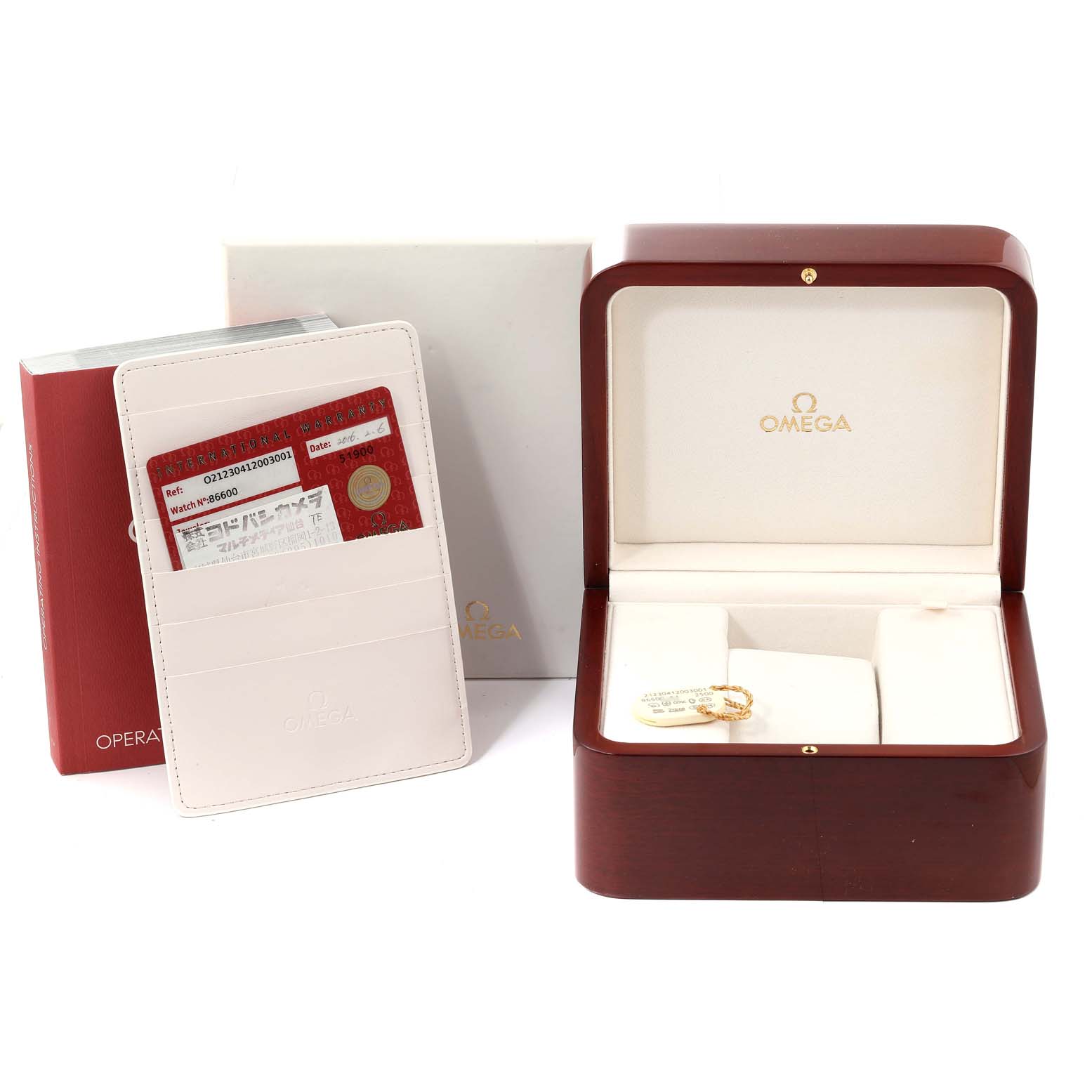 The image shows the packaging and accessories for an Omega Seamaster 212.30.41.20.03.001 Men's Stainless Steel Blue Dial 212.30.41.20.03.001 Men's Stainless Steel Blue Dial watch, including the box, warranty cards, and documentation.