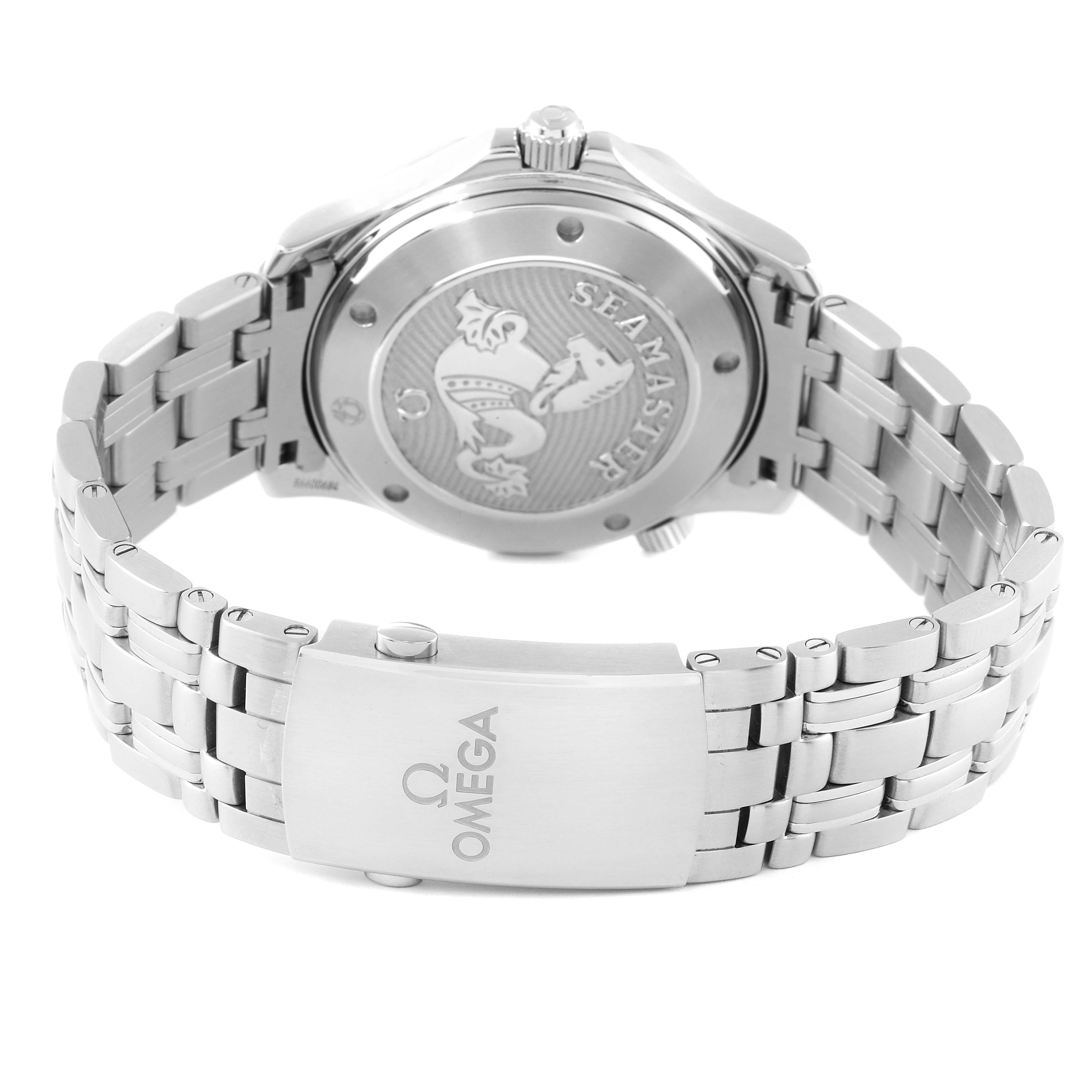 The image shows the back case and bracelet of an Omega Seamaster 212.30.41.20.03.001 Men's Stainless Steel Blue Dial 212.30.41.20.03.001 Men's Stainless Steel Blue Dial watch.