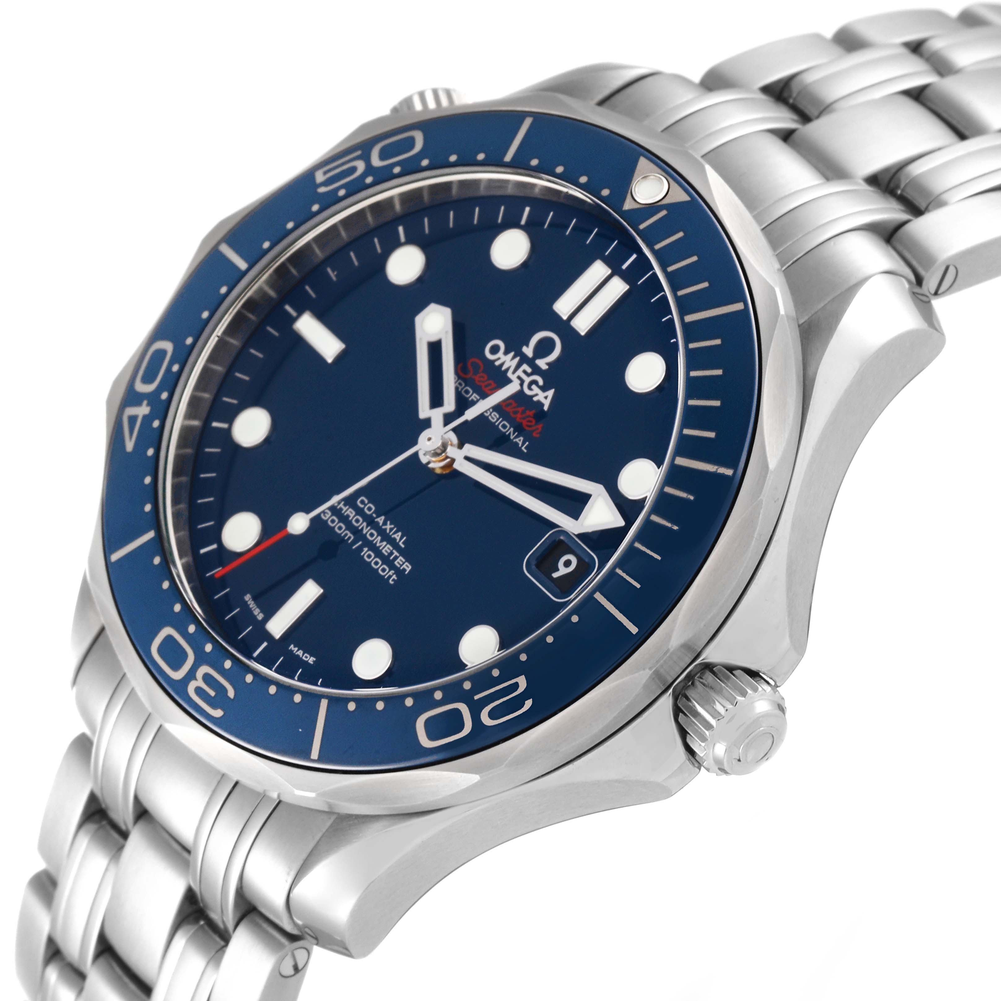 The image shows a side view of the Omega Seamaster 212.30.41.20.03.001 Men's Stainless Steel Blue Dial 212.30.41.20.03.001 Men's Stainless Steel Blue Dial watch, displaying the blue dial, rotating bezel, and stainless steel bracelet.
