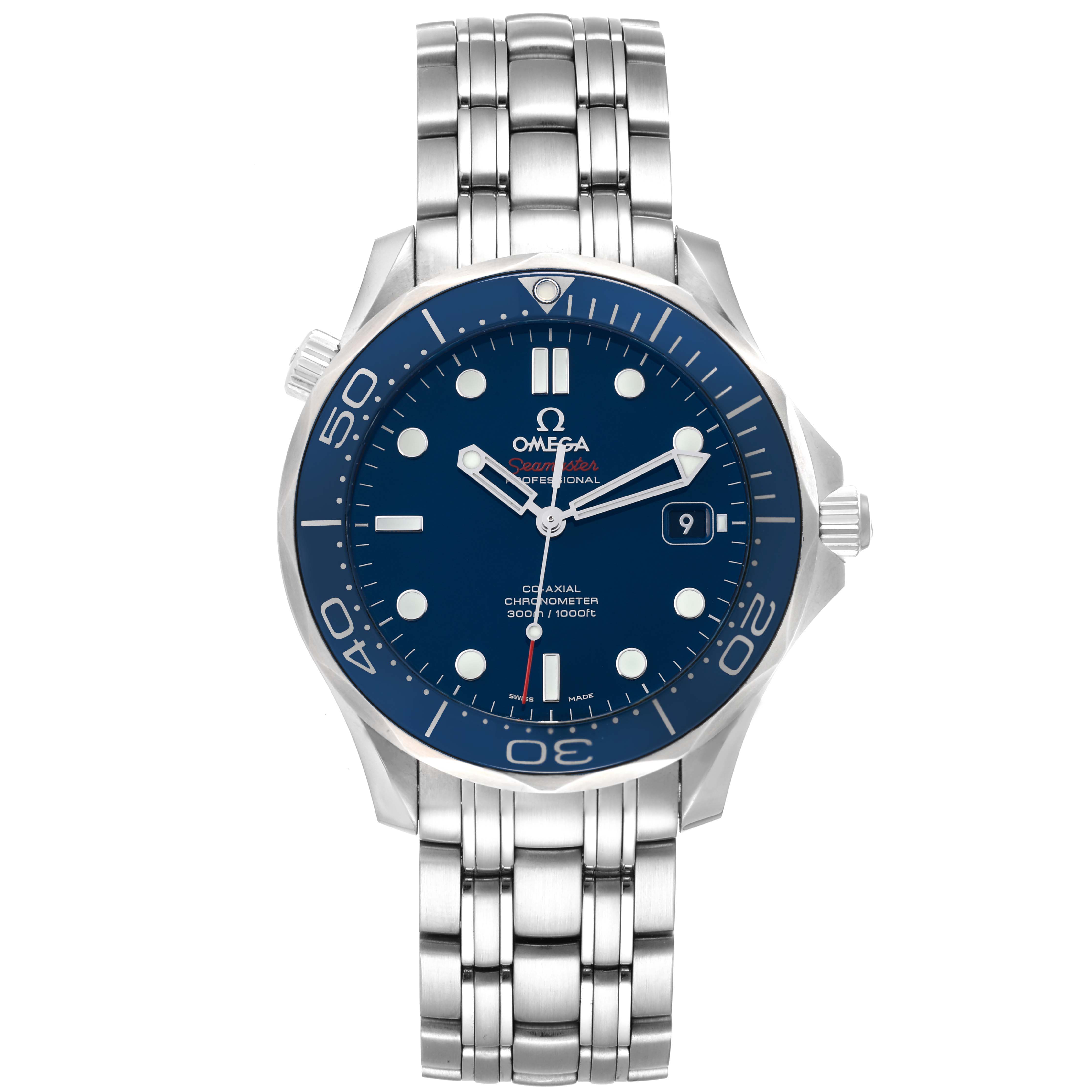 The Omega Seamaster 212.30.41.20.03.001 Men's Stainless Steel Blue Dial 212.30.41.20.03.001 Men's Stainless Steel Blue Dial watch is shown from a front angle, displaying the watch face, bezel, crown, and stainless steel bracelet.