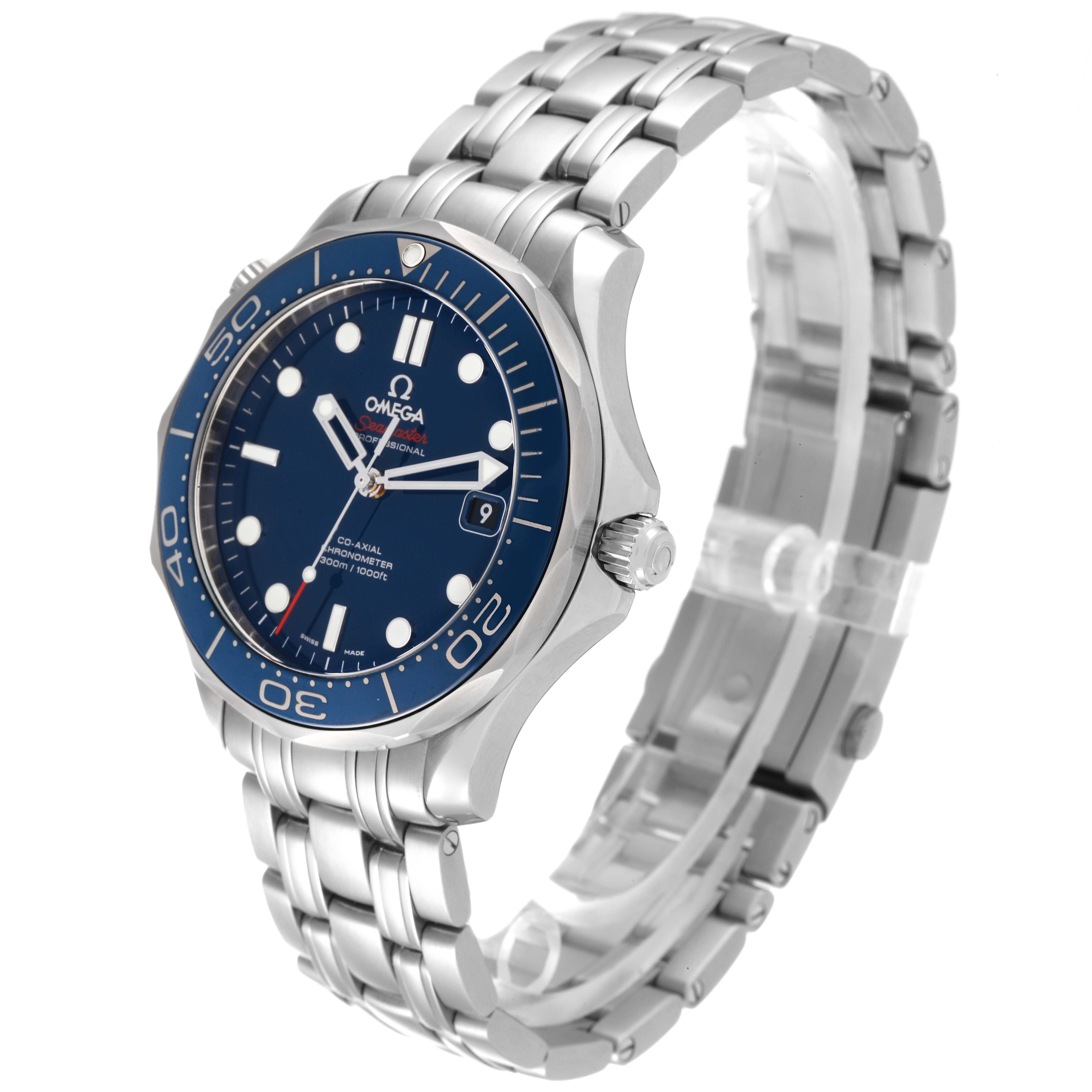 The image shows an Omega Seamaster 212.30.41.20.03.001 Men's Stainless Steel Blue Dial 212.30.41.20.03.001 Men's Stainless Steel Blue Dial watch from an angled side view highlighting the face, bezel, case, and bracelet.
