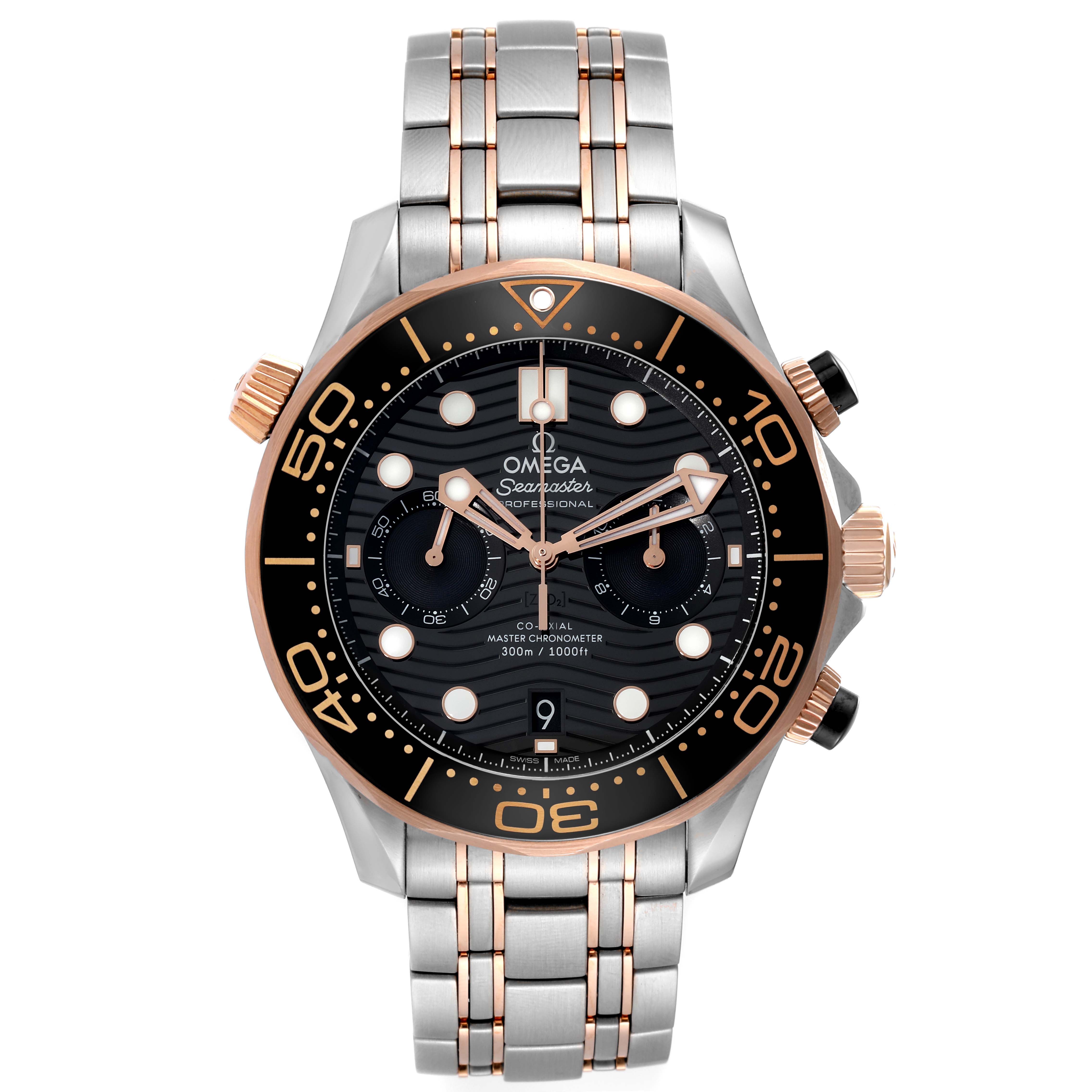 The Omega Seamaster 210.20.44.51.01.001 Men's Steel and Gold (two tone) Black Dial 210.20.44.51.01.001 Men's Steel and Gold (two tone) Black Dial watch is shown from a front angle, displaying its face, bezel, crown, and bracelet.