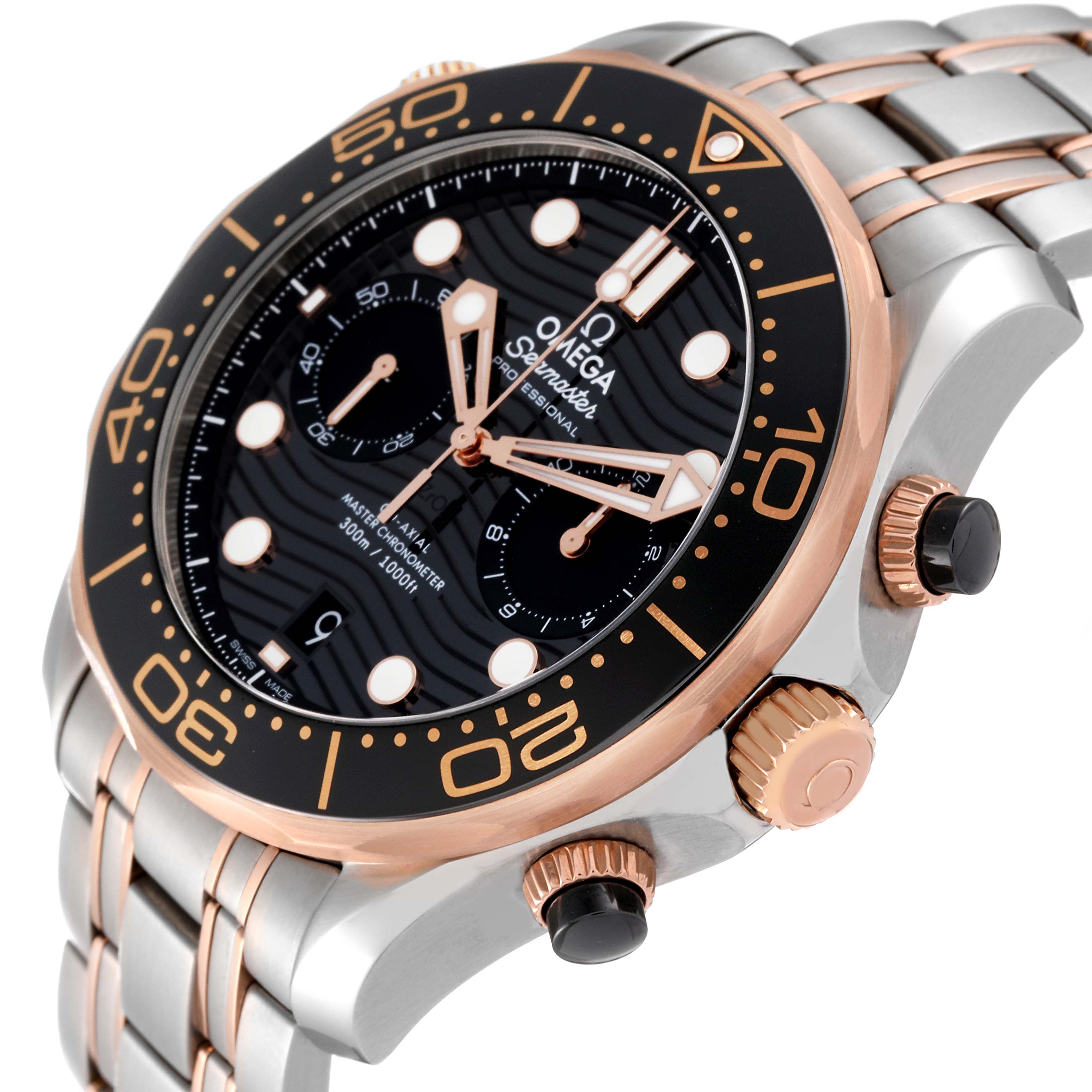 The Omega Seamaster 210.20.44.51.01.001 Men's Steel and Gold (two tone) Black Dial 210.20.44.51.01.001 Men's Steel and Gold (two tone) Black Dial watch is shown at a slight angle, highlighting its face, bezel, crown, and part of its metal bracelet.