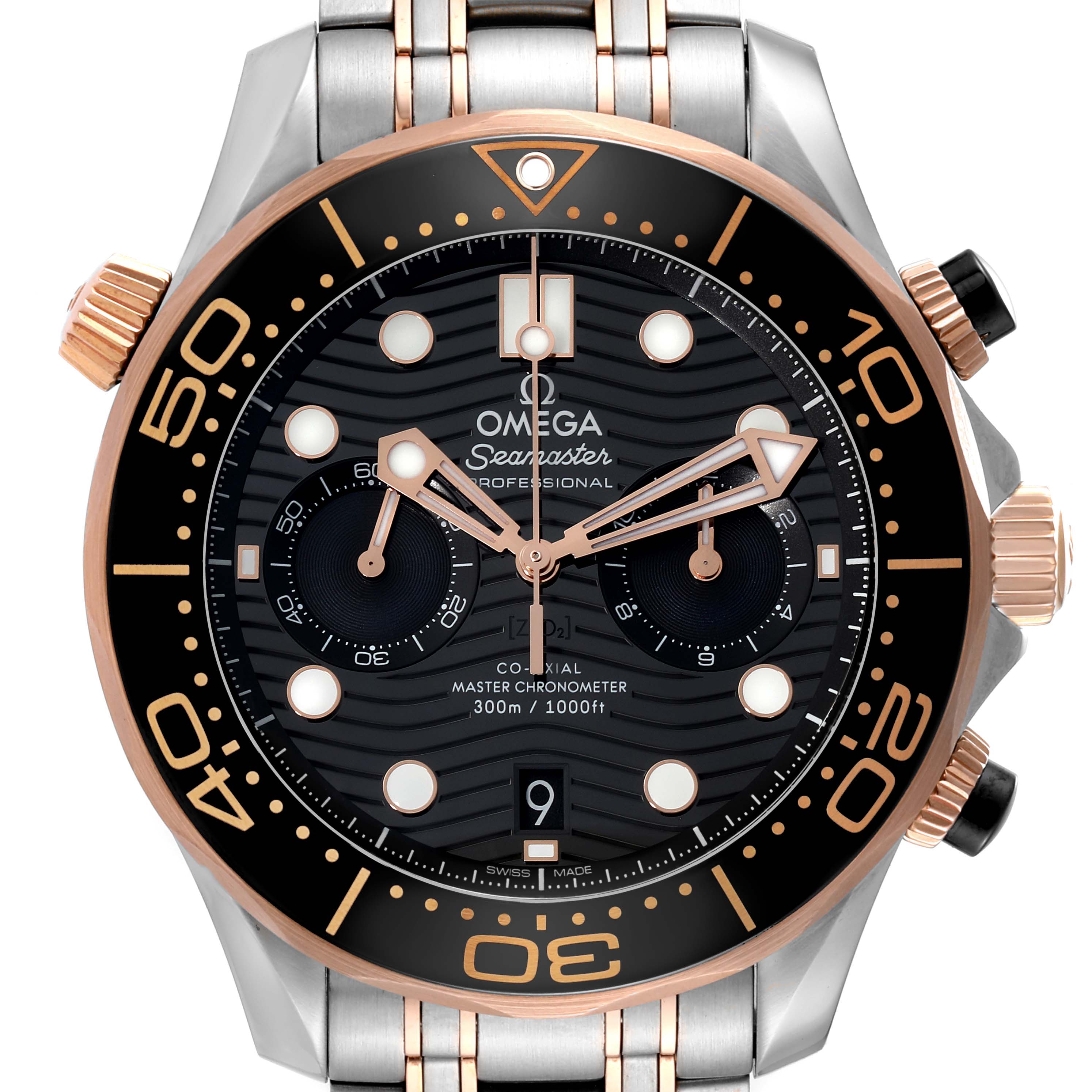 This image shows a frontal view of the Omega Seamaster 210.20.44.51.01.001 Men's Steel and Gold (two tone) Black Dial 210.20.44.51.01.001 Men's Steel and Gold (two tone) Black Dial watch, highlighting its dial, bezel, and part of the bracelet.
