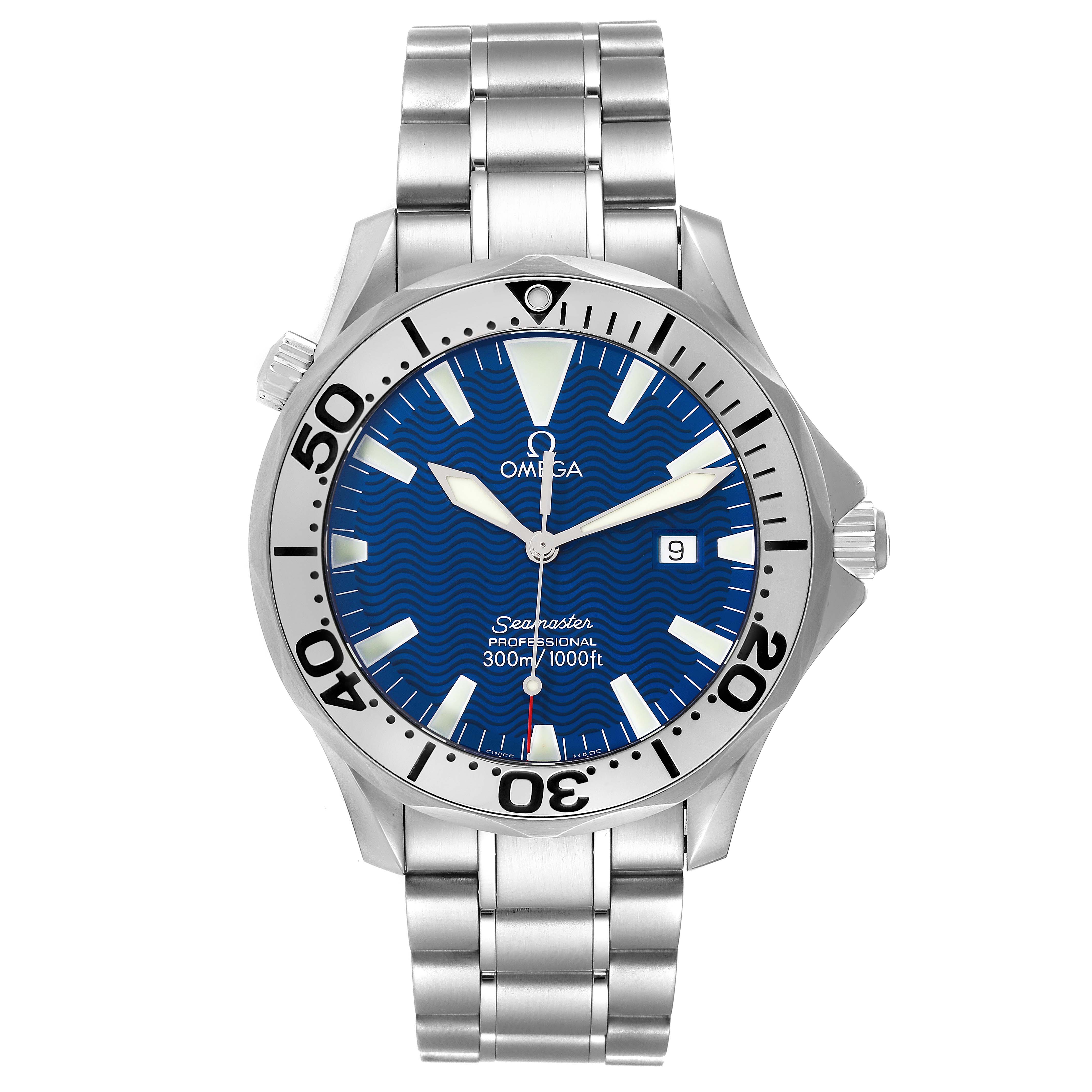The Omega Seamaster 2265.80.00 Men's Stainless Steel Blue Dial 2265.80.00 Men's Stainless Steel Blue Dial model is shown from a front view, displaying its blue dial, date window, bezel, and metal bracelet.