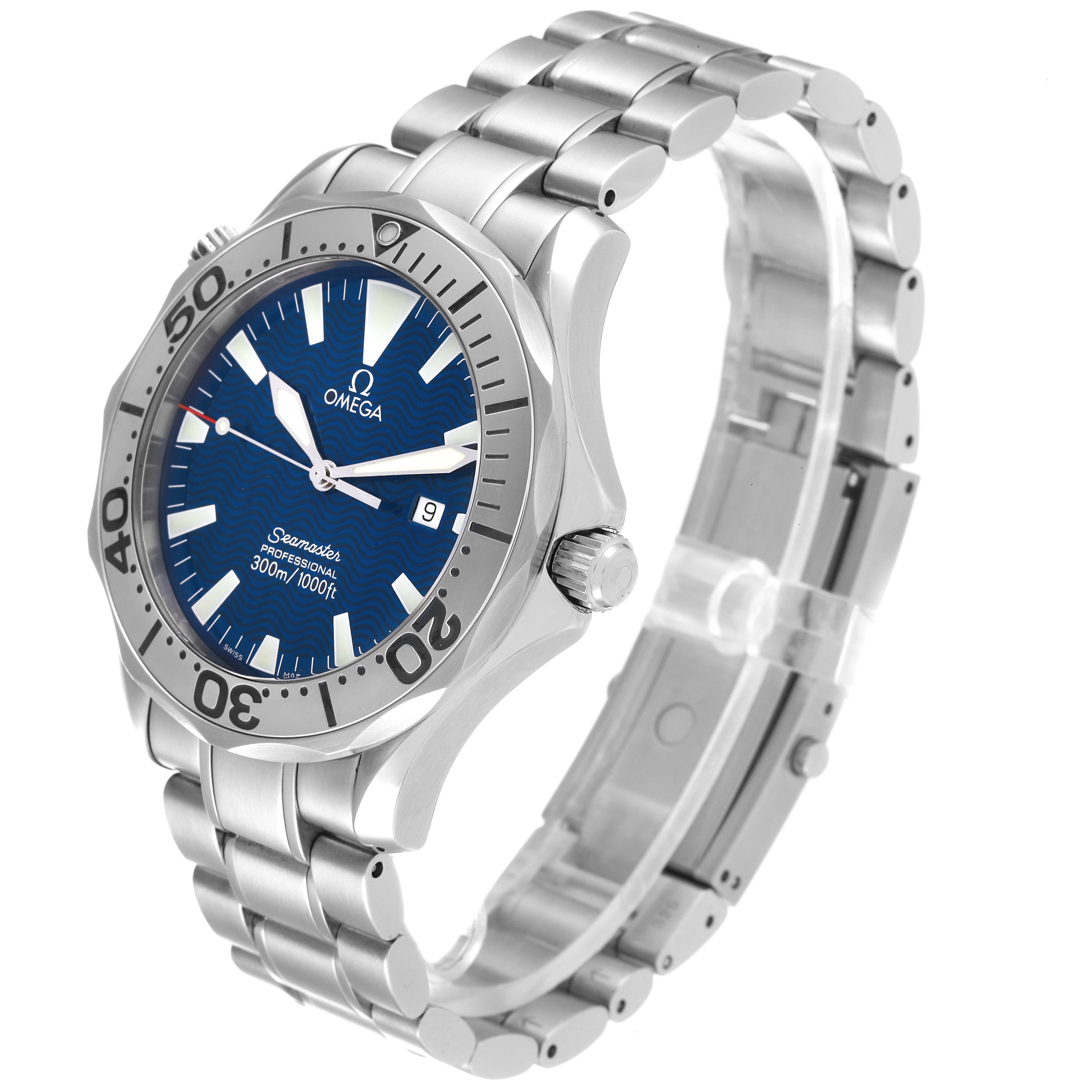 The Omega Seamaster 2265.80.00 Men's Stainless Steel Blue Dial 2265.80.00 Men's Stainless Steel Blue Dial watch is shown from a three-quarter view, highlighting the dial, bezel, crown, and metal bracelet.