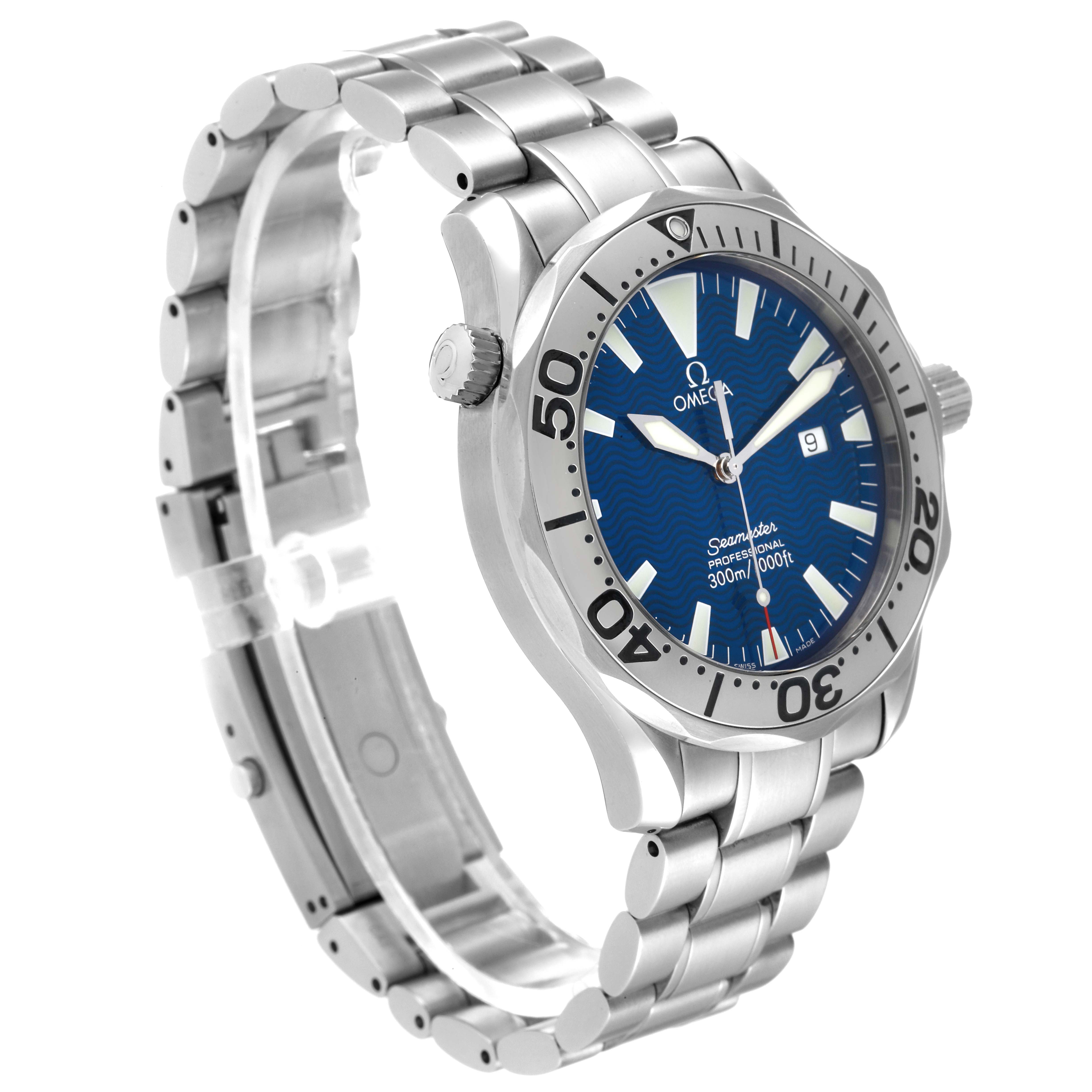 The Omega Seamaster 2265.80.00 Men's Stainless Steel Blue Dial 2265.80.00 Men's Stainless Steel Blue Dial watch is shown from a side angle, highlighting its blue dial, bezel, crown, and stainless steel bracelet.
