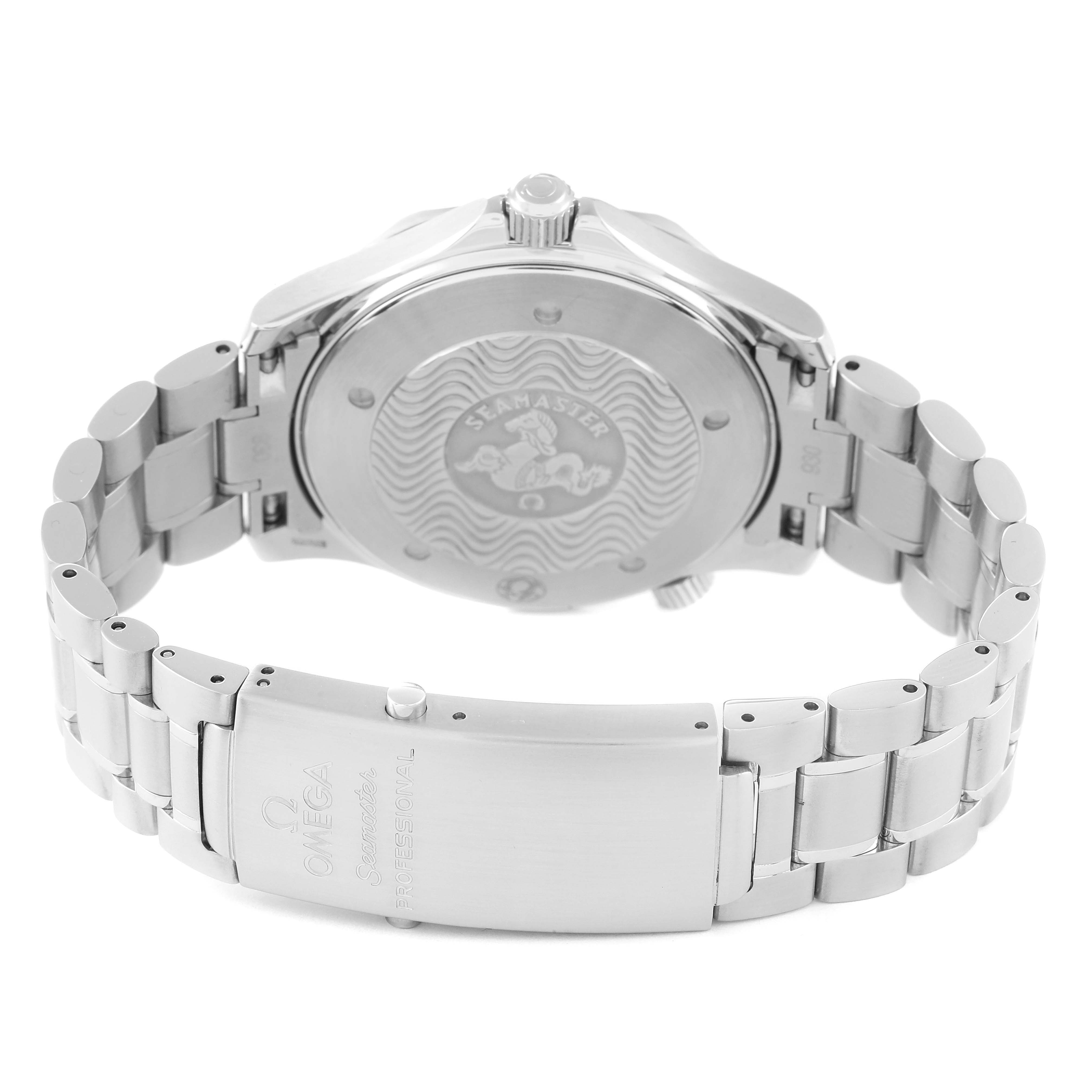 The image shows the back case and bracelet of an Omega Seamaster 2265.80.00 Men's Stainless Steel Blue Dial 2265.80.00 Men's Stainless Steel Blue Dial watch, displaying the clasp and engraving.