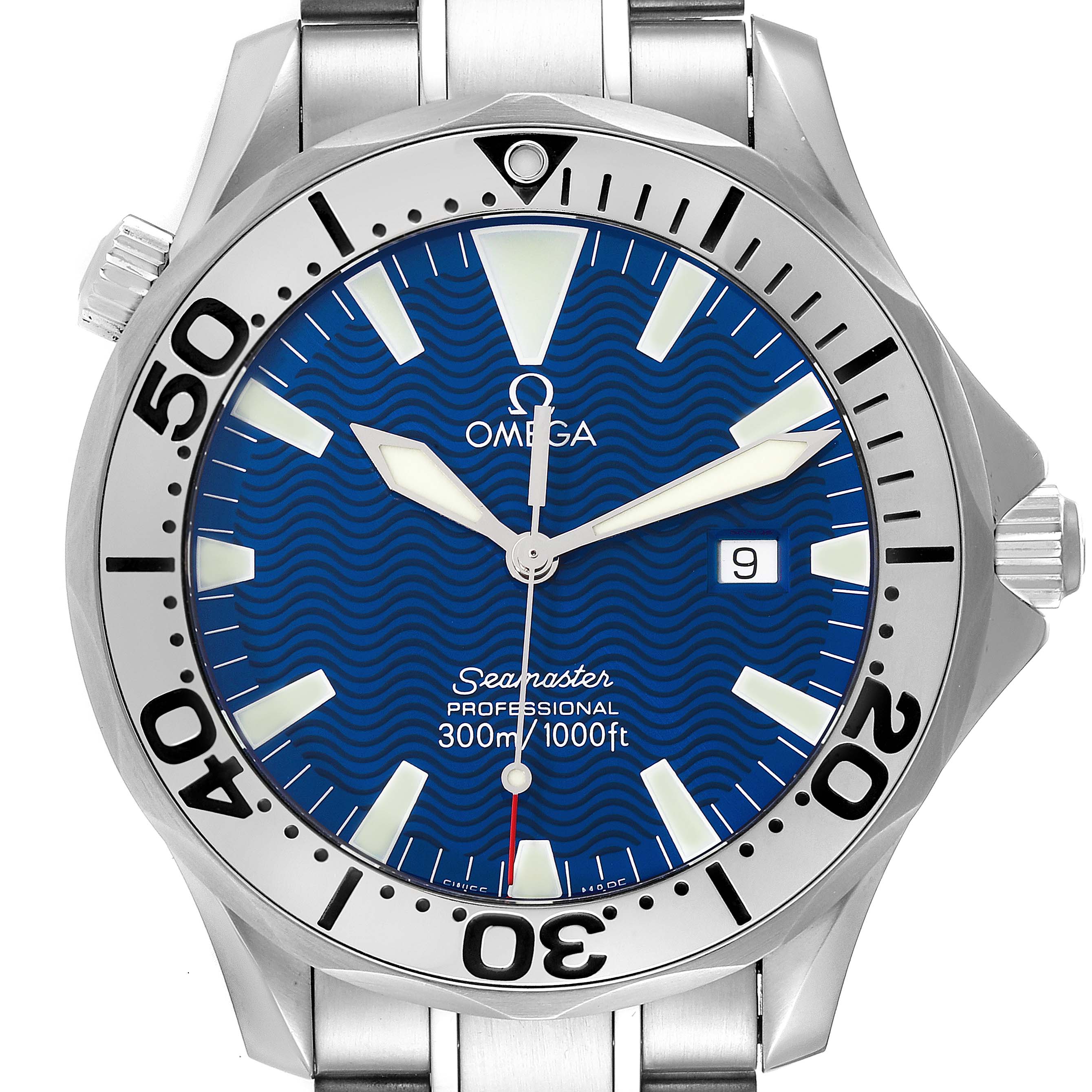 The image shows a front view of the Omega Seamaster 2265.80.00 Men's Stainless Steel Blue Dial 2265.80.00 Men's Stainless Steel Blue Dial watch, highlighting the dial, bezel, and part of the bracelet.
