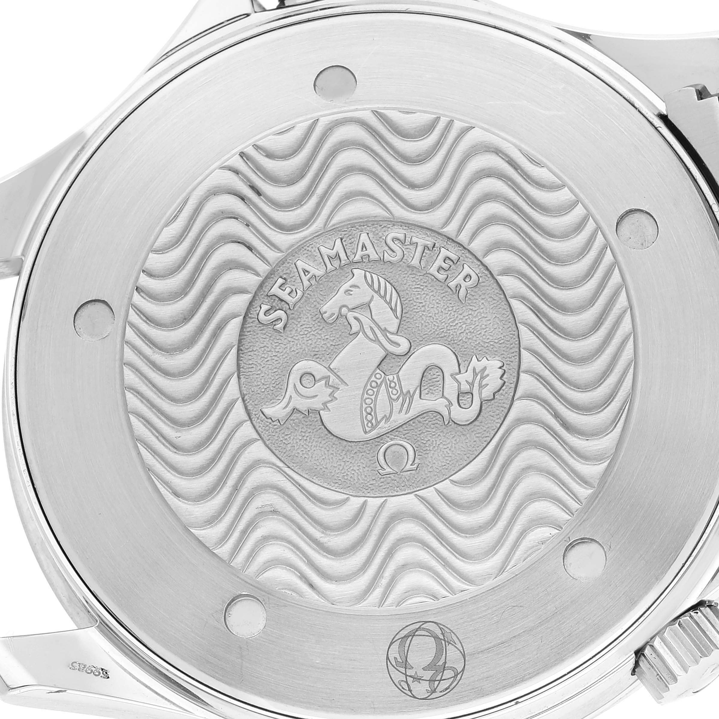 The image shows the case back of an Omega Seamaster 2265.80.00 Men's Stainless Steel Blue Dial 2265.80.00 Men's Stainless Steel Blue Dial watch, highlighting its engraved design and branding.