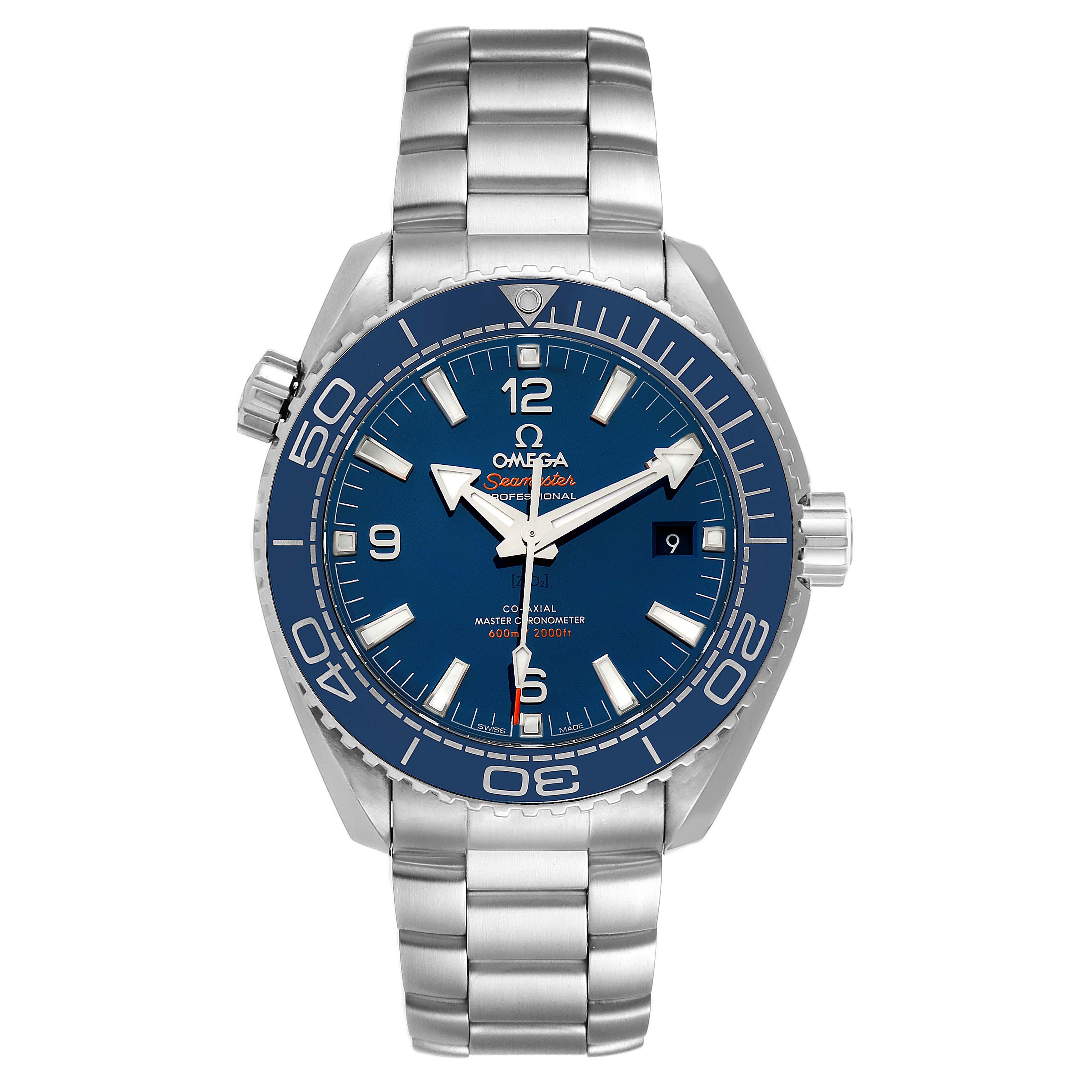 The image shows a front view of the Omega Planet Ocean 215.30.44.21.03.001 Men's Stainless Steel Blue Dial 215.30.44.21.03.001 Men's Stainless Steel Blue Dial watch, displaying the dial, bezel, and stainless steel bracelet.