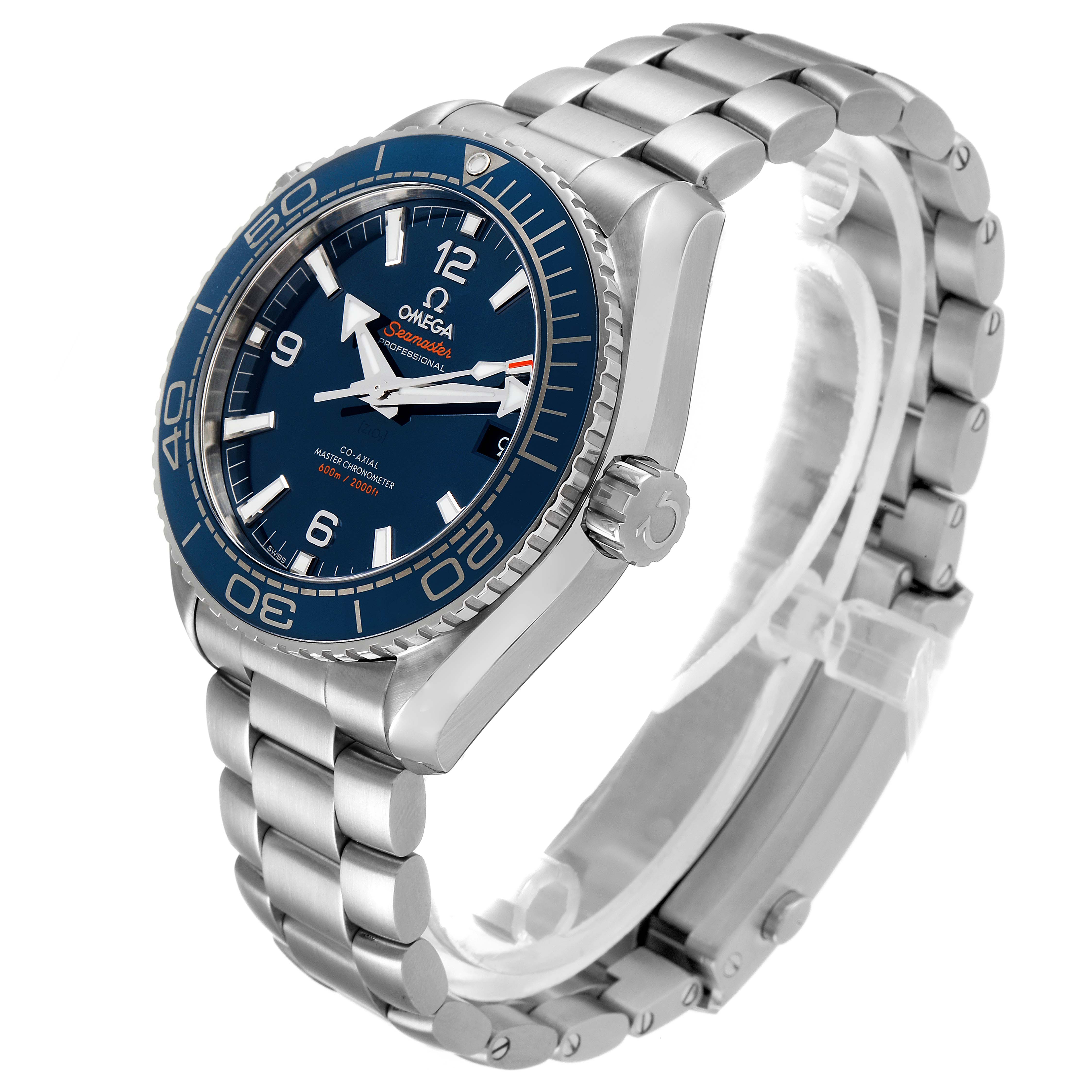 The image shows a side angle of the Omega Planet Ocean 215.30.44.21.03.001 Men's Stainless Steel Blue Dial 215.30.44.21.03.001 Men's Stainless Steel Blue Dial watch, highlighting the blue dial, bezel, and stainless steel bracelet.