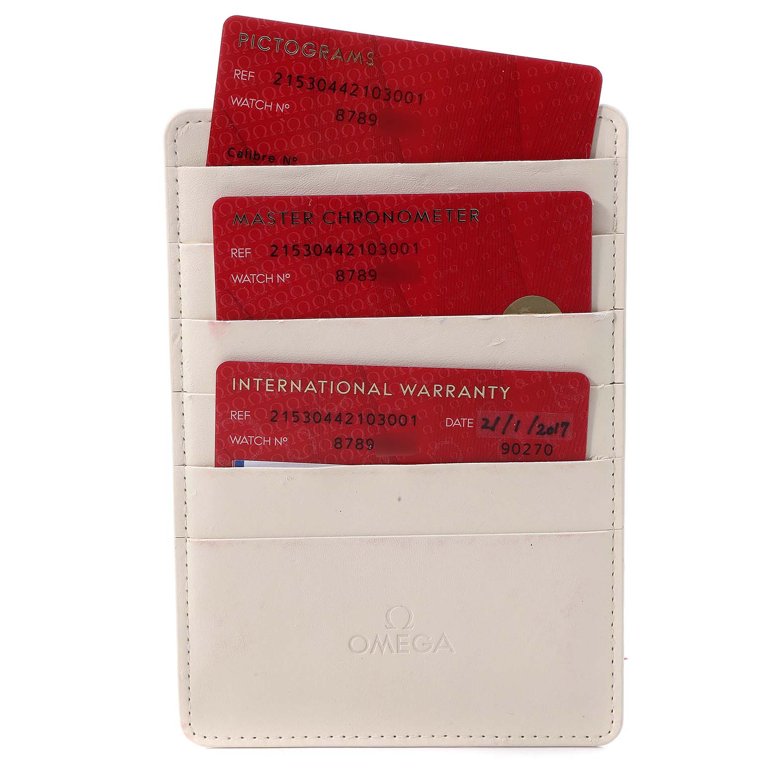 The image shows an Omega-branded cardholder containing certification and warranty cards for the Omega Planet Ocean 215.30.44.21.03.001 Men's Stainless Steel Blue Dial 215.30.44.21.03.001 Men's Stainless Steel Blue Dial model watch.