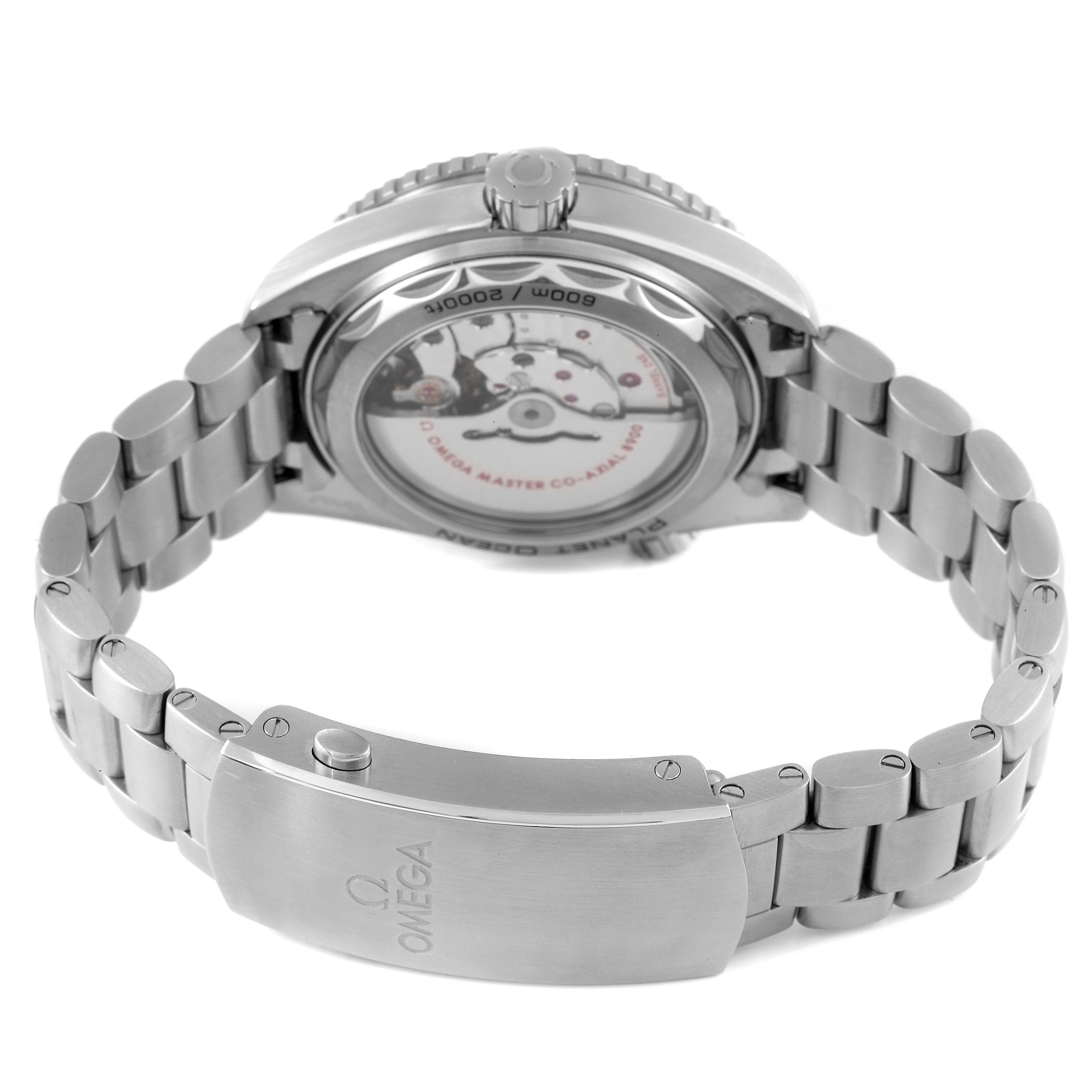 The image shows the back view of the Omega Planet Ocean 215.30.44.21.03.001 Men's Stainless Steel Blue Dial 215.30.44.21.03.001 Men's Stainless Steel Blue Dial watch, displaying the case back and bracelet clasp.