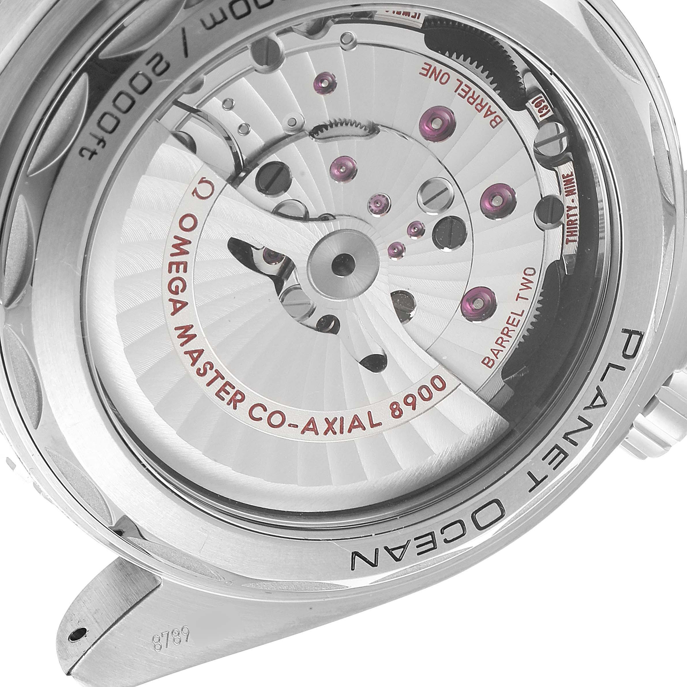 The image shows the backside of the Omega Planet Ocean 215.30.44.21.03.001 Men's Stainless Steel Blue Dial 215.30.44.21.03.001 Men's Stainless Steel Blue Dial, revealing the mechanical movement and inner mechanisms.