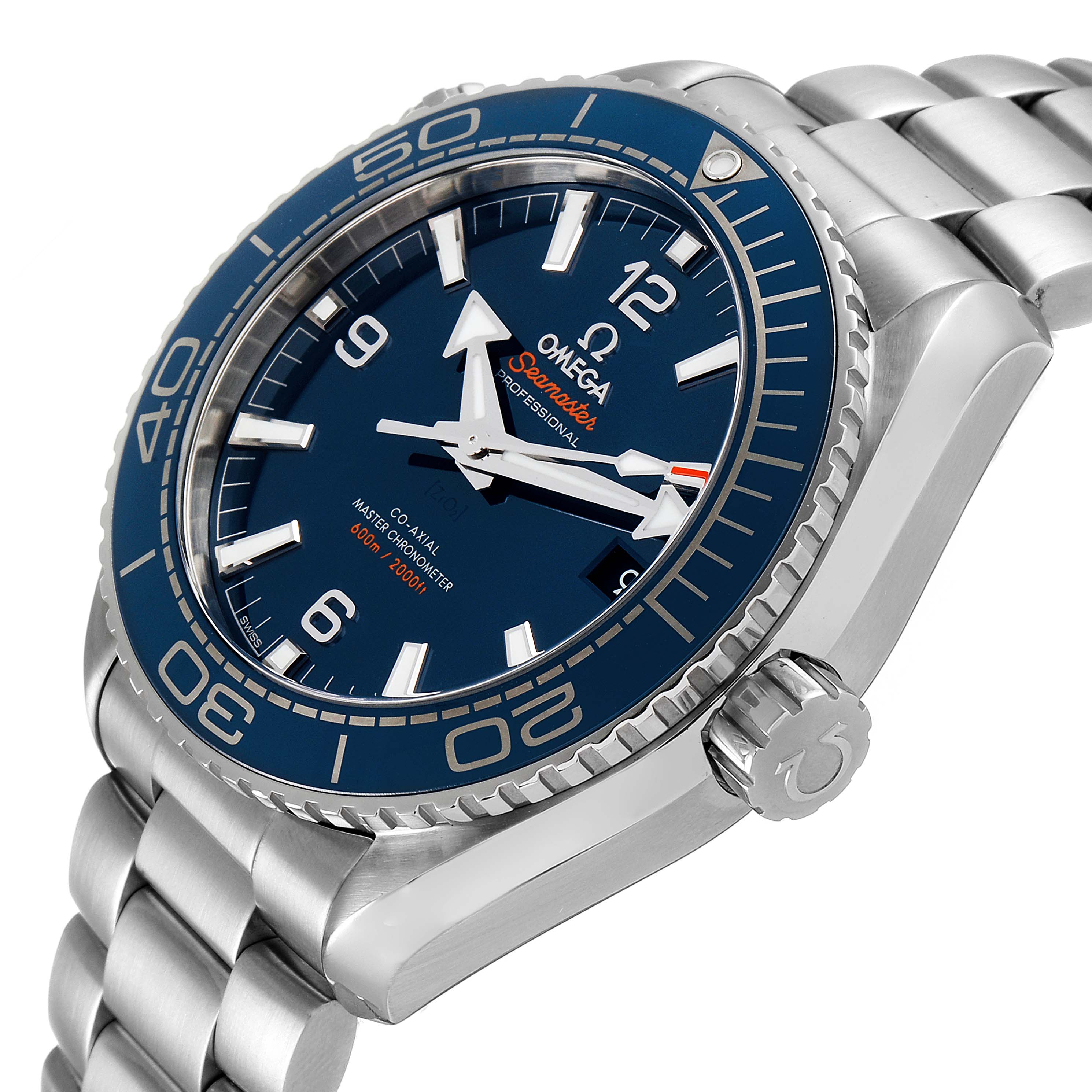 This image shows an Omega Planet Ocean 215.30.44.21.03.001 Men's Stainless Steel Blue Dial 215.30.44.21.03.001 Men's Stainless Steel Blue Dial watch at a three-quarter angle, highlighting its bezel, dial, crown, and bracelet.