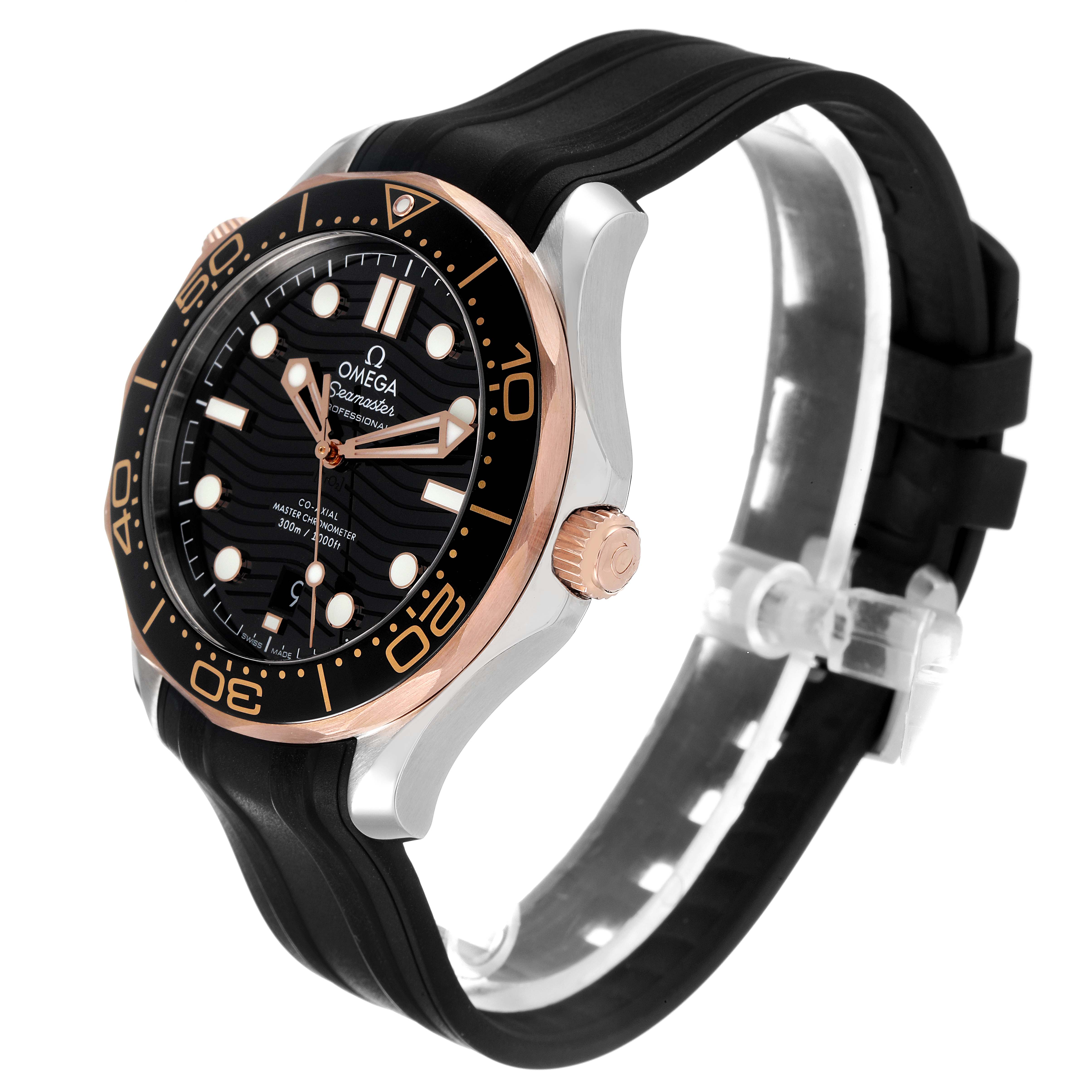 The Omega Seamaster 210.22.42.20.01.002 Men's Steel and Gold (two tone) Black Dial 210.22.42.20.01.002 Men's Steel and Gold (two tone) Black Dial watch is shown at a slight angle, highlighting its bezel, dial, crown, and black rubber strap.