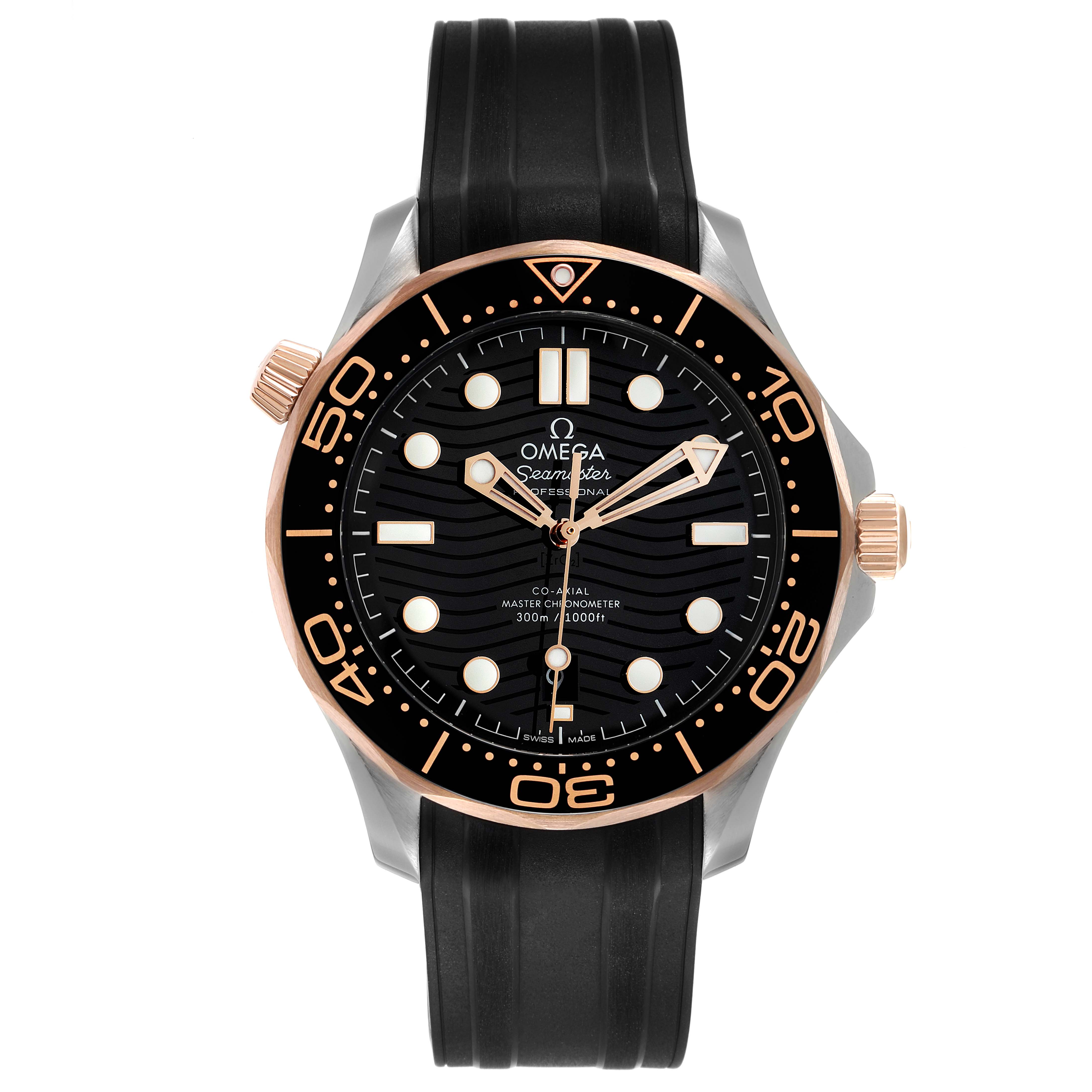 The image shows a front view of the Omega Seamaster 210.22.42.20.01.002 Men's Steel and Gold (two tone) Black Dial 210.22.42.20.01.002 Men's Steel and Gold (two tone) Black Dial watch, highlighting its black dial, gold accents, and black rubber strap.