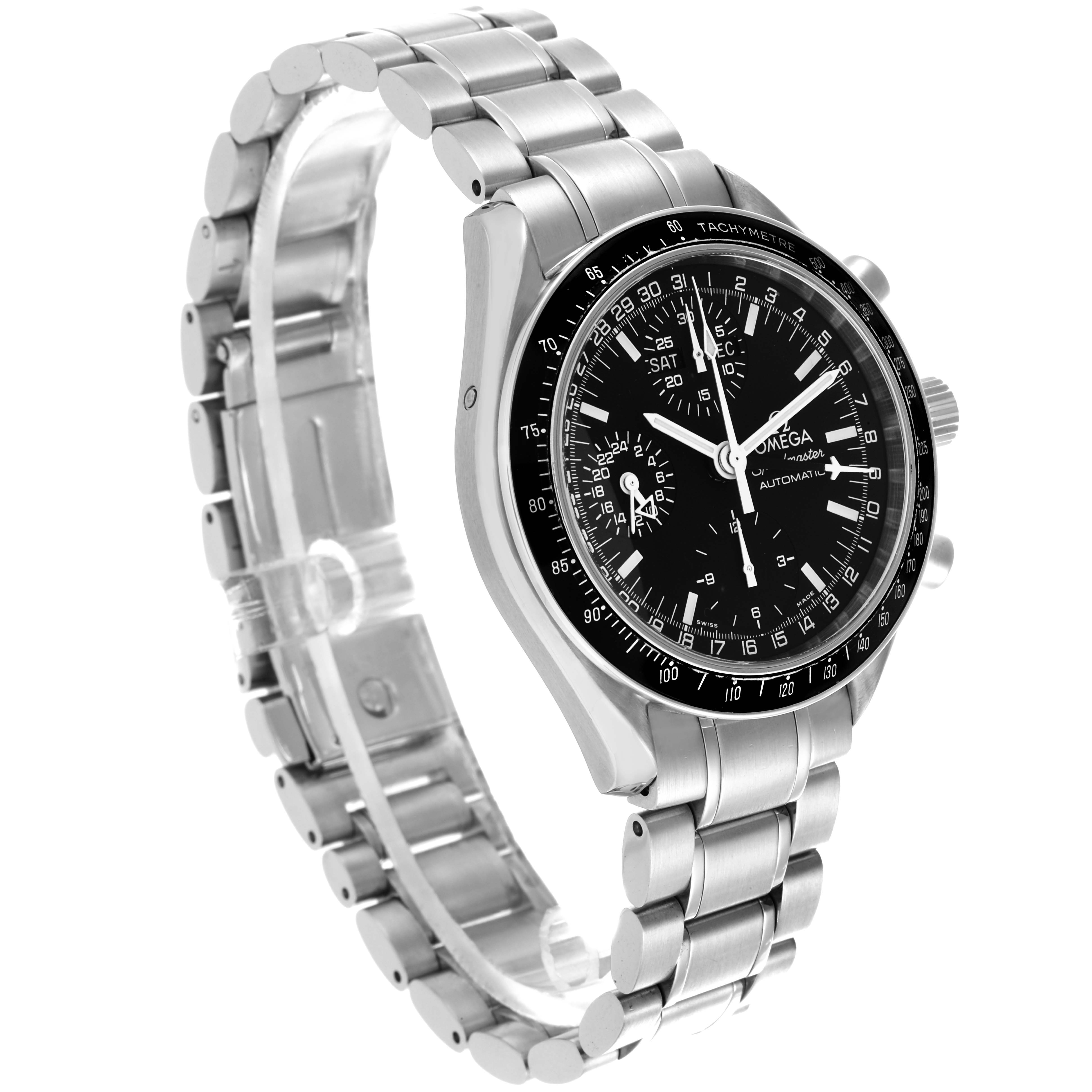 The Omega Speedmaster 3520.50.00 Men
s Stainless Steel Black Dial 3520.50.00 Men
s Stainless Steel Black Dial watch is shown at an angled side view, showcasing the case, bezel, dial, and bracelet links.