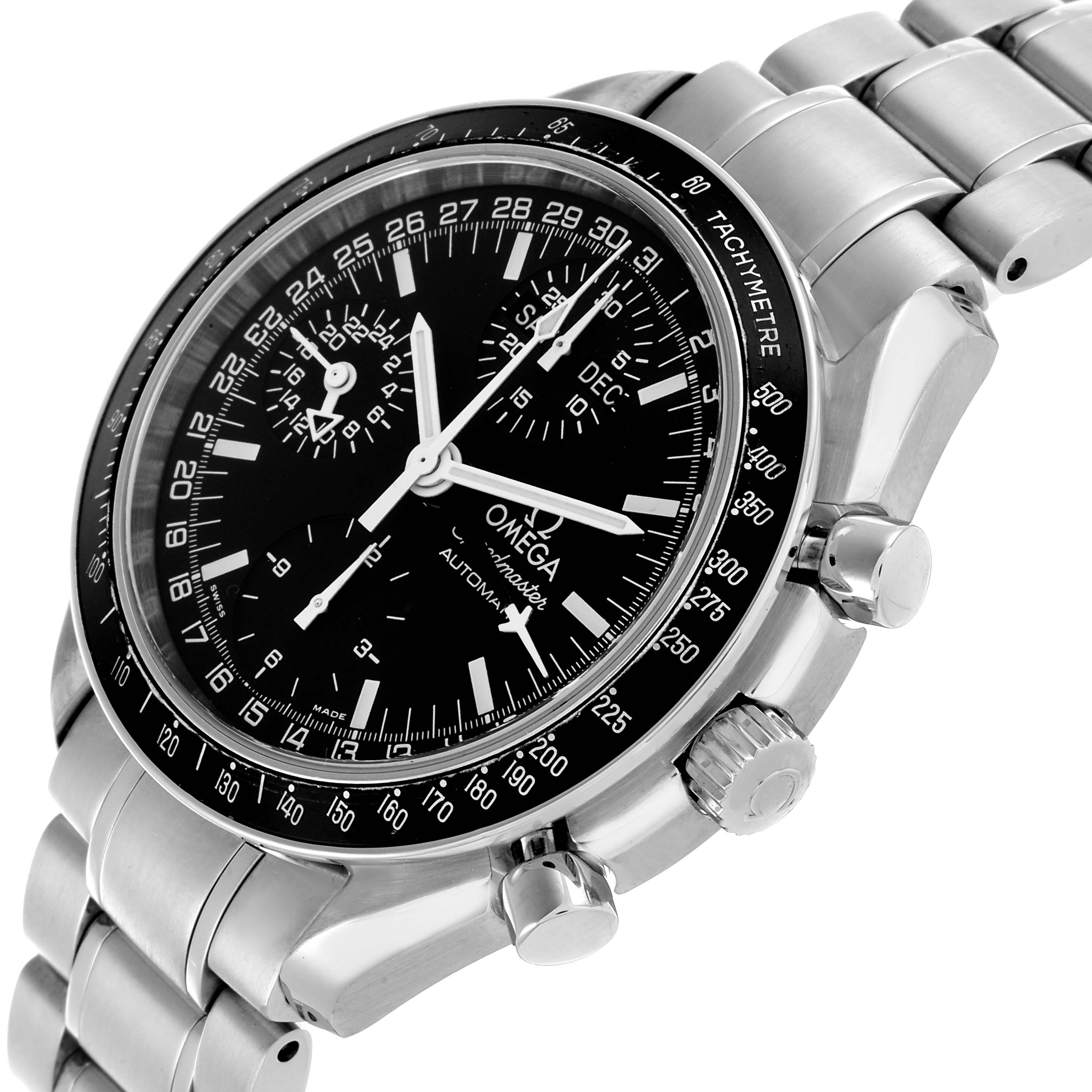 The Omega Speedmaster 3520.50.00 Men
s Stainless Steel Black Dial 3520.50.00 Men
s Stainless Steel Black Dial watch is shown from a three-quarter angle, showcasing the face, bezel, crown, pushers, and bracelet.