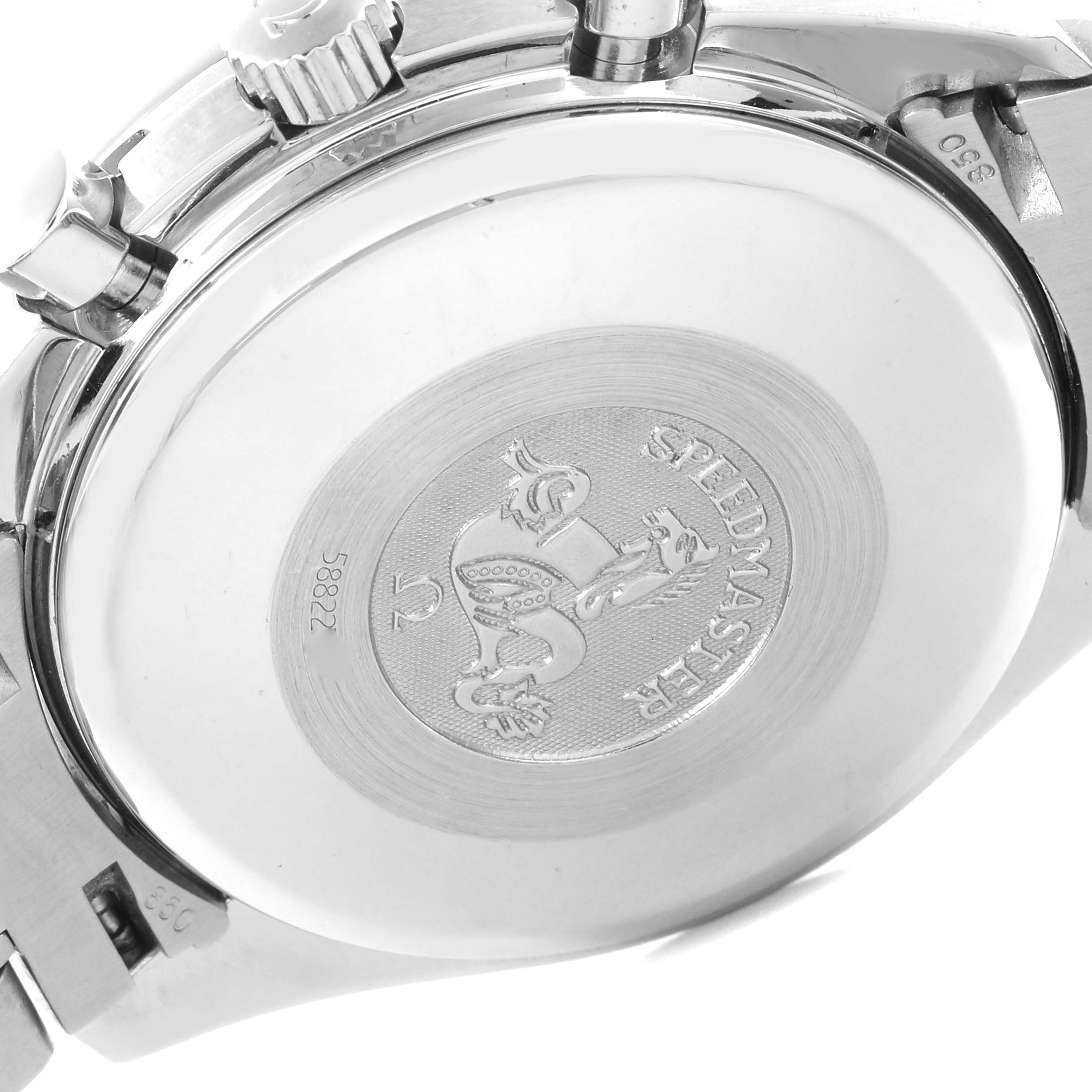 The image shows the back case of an Omega Speedmaster 3520.50.00 Men
s Stainless Steel Black Dial 3520.50.00 Men
s Stainless Steel Black Dial, highlighting the engraved emblem and model details.