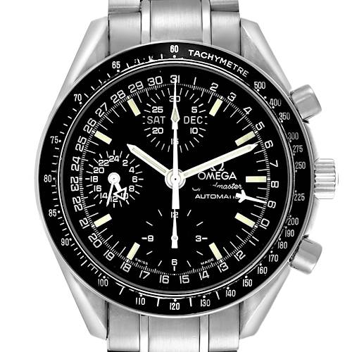 The Omega Speedmaster watch is shown from a top angle, displaying its face, tachymetre bezel, subdials, and part of the bracelet.