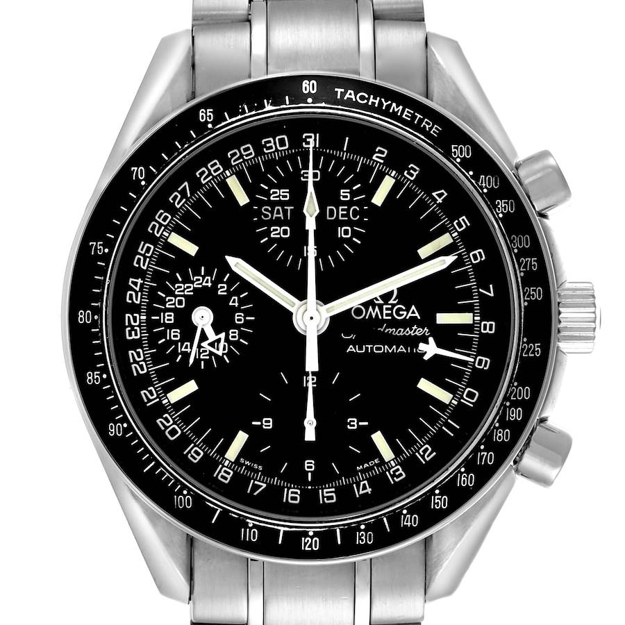 The image shows a front view of the Omega Speedmaster watch, highlighting the dial, tachymeter, hands, and sub-dials.