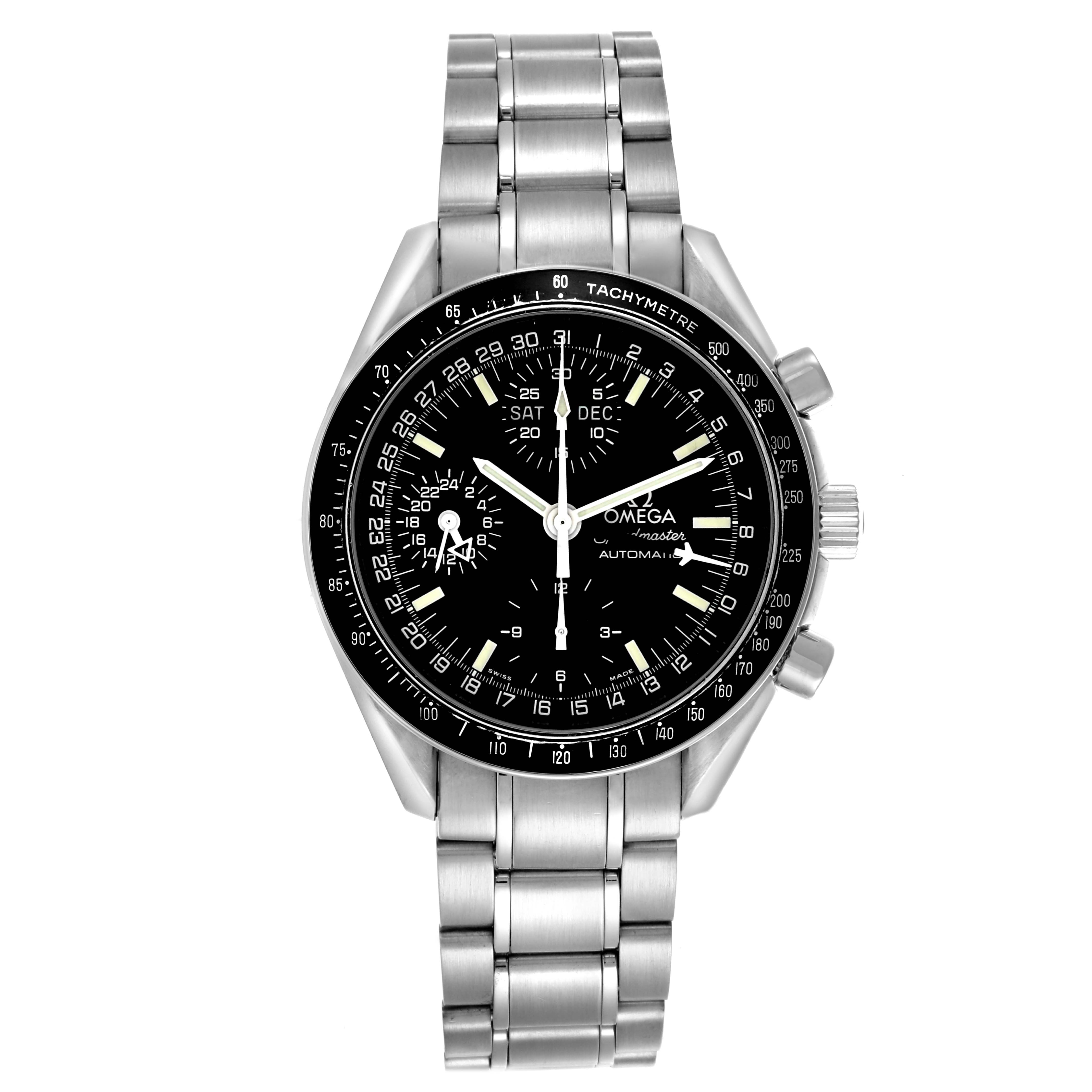 The Omega Speedmaster 3520.50.00 Men
s Stainless Steel Black Dial 3520.50.00 Men
s Stainless Steel Black Dial watch is shown from a top-down angle, displaying the dial, bezel, and full bracelet.