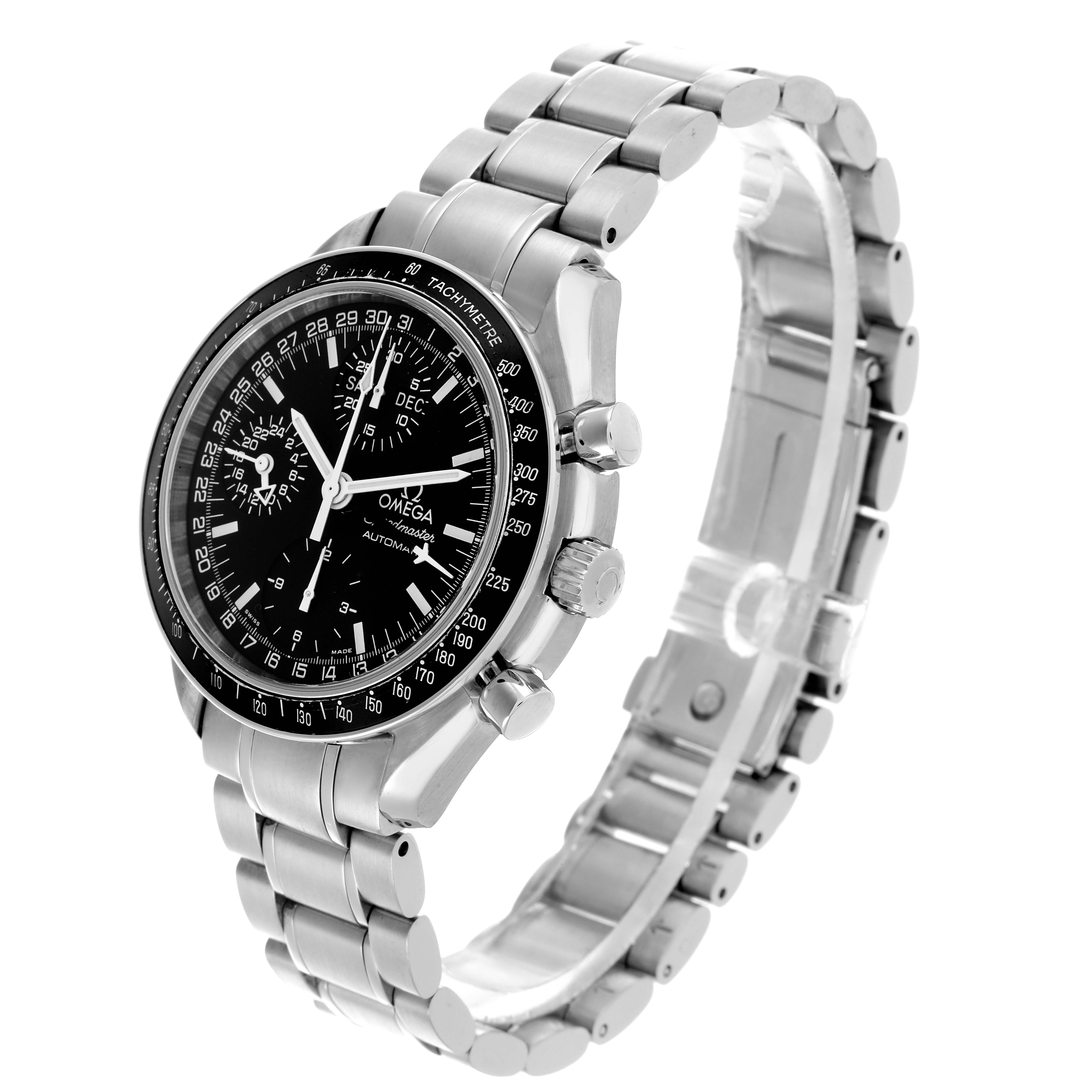 The Omega Speedmaster 3520.50.00 Men
s Stainless Steel Black Dial 3520.50.00 Men
s Stainless Steel Black Dial watch is shown at a three-quarter angle, highlighting the face, bezel, band, and side pushers.