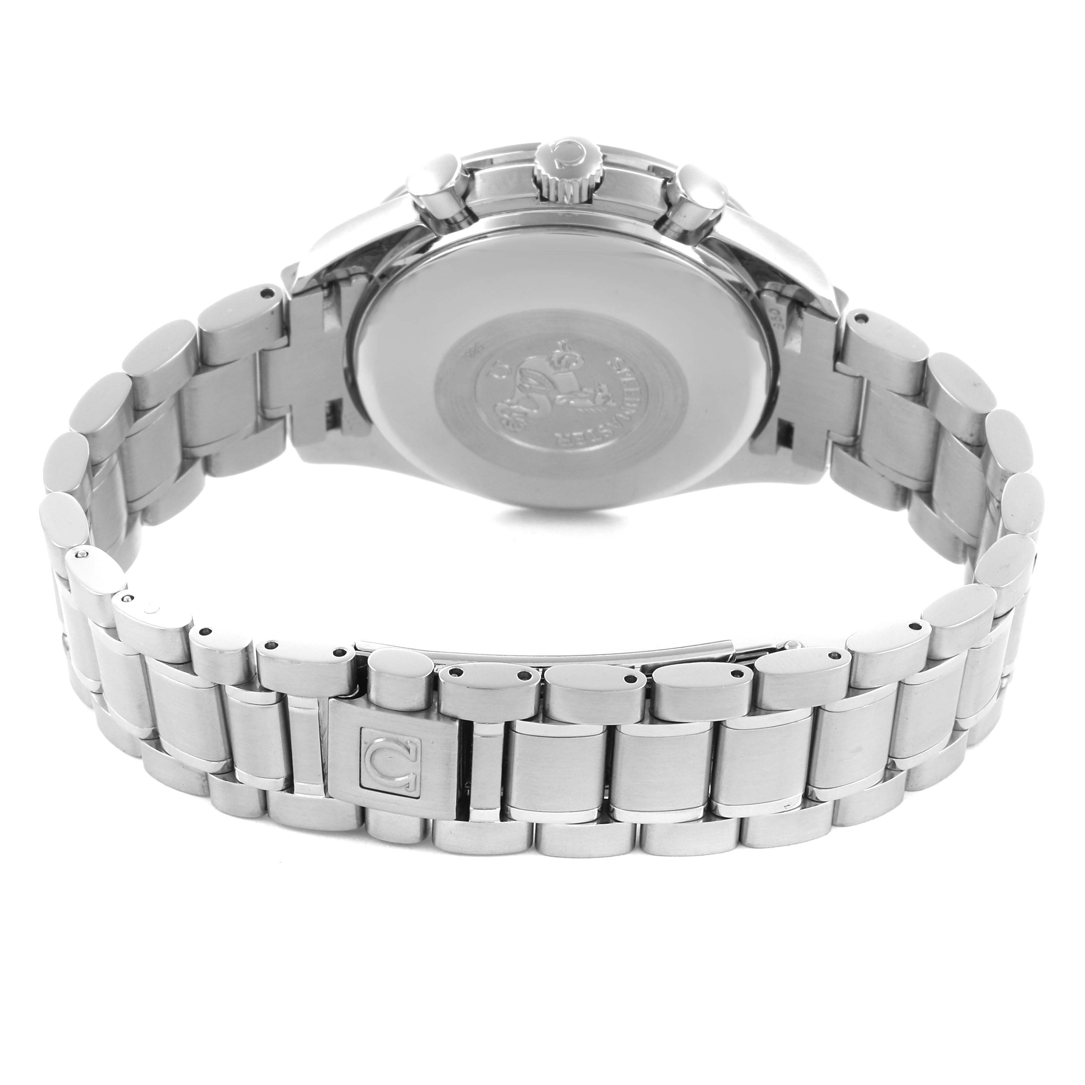 The image shows the back and bracelet of an Omega Speedmaster 3520.50.00 Men
s Stainless Steel Black Dial 3520.50.00 Men
s Stainless Steel Black Dial watch from a rear angle.