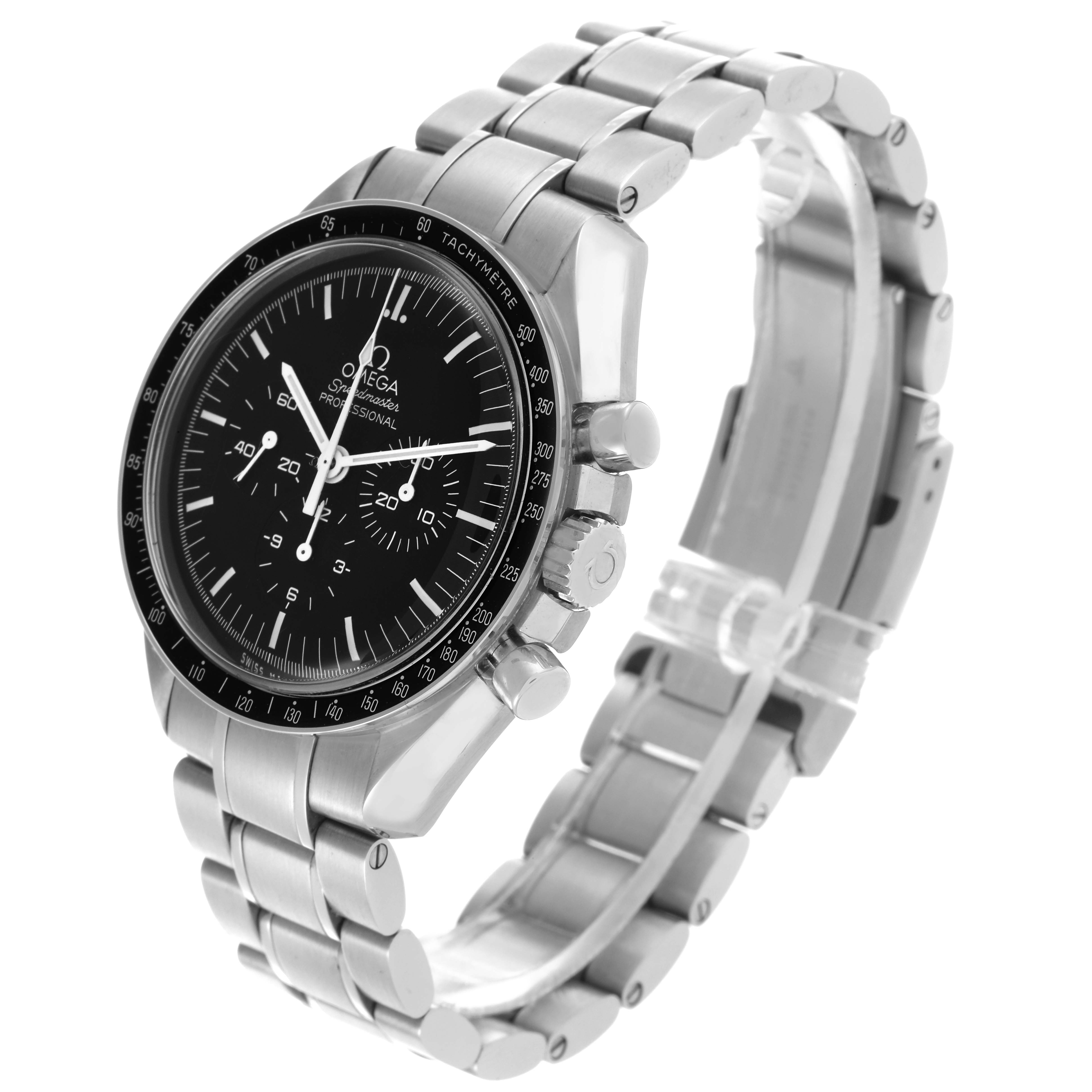 The Omega Speedmaster 311.30.42.30.01.005 Men's Stainless Steel Black Dial 311.30.42.30.01.005 Men's Stainless Steel Black Dial watch is shown at an angle highlighting the face, bracelet, and side buttons.