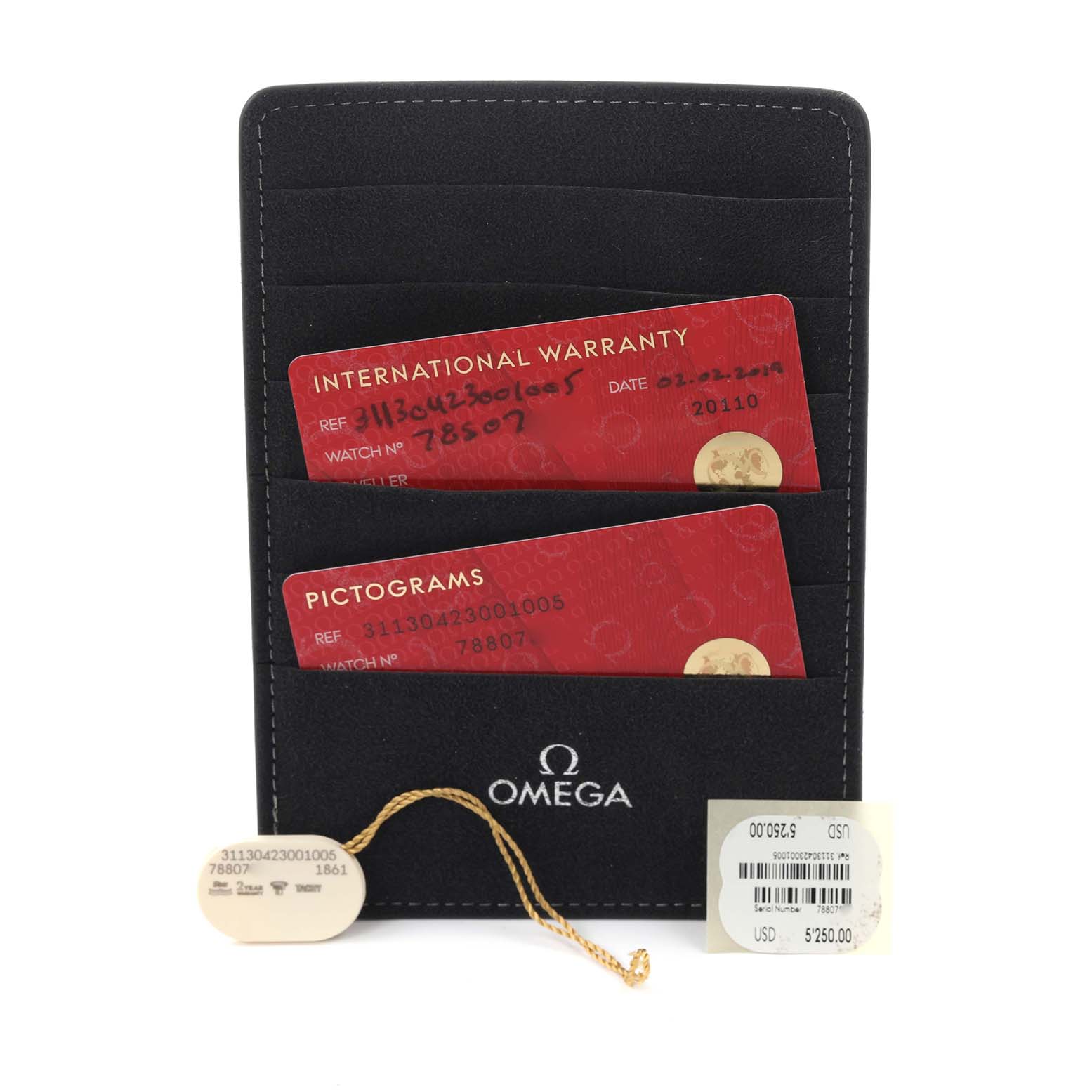 The image shows a wallet with Omega Speedmaster 311.30.42.30.01.005 Men's Stainless Steel Black Dial 311.30.42.30.01.005 Men's Stainless Steel Black Dial warranty cards and a price tag.