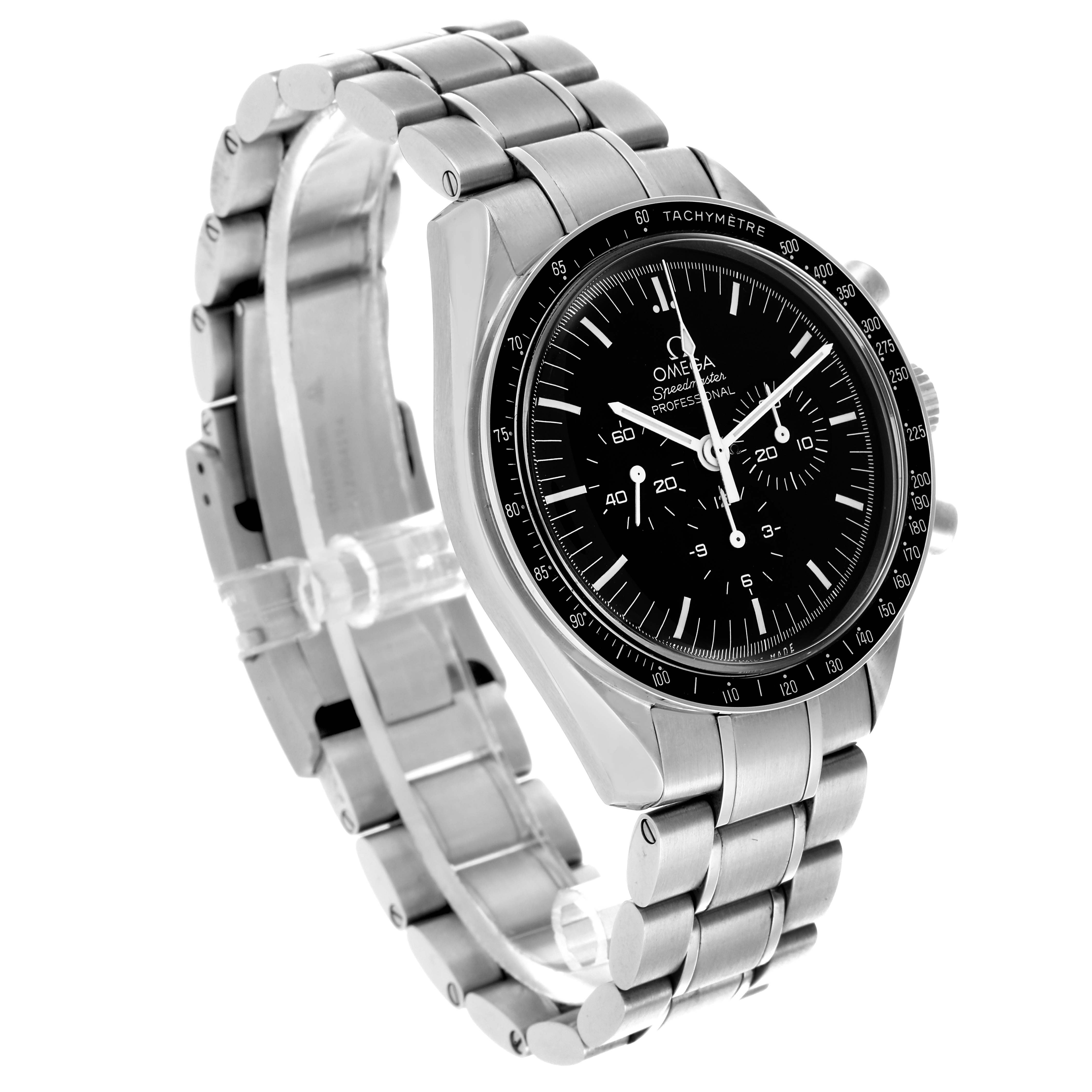 The Omega Speedmaster 311.30.42.30.01.005 Men's Stainless Steel Black Dial 311.30.42.30.01.005 Men's Stainless Steel Black Dial watch is shown at a three-quarter angle, displaying the face, bezel, and stainless steel bracelet.