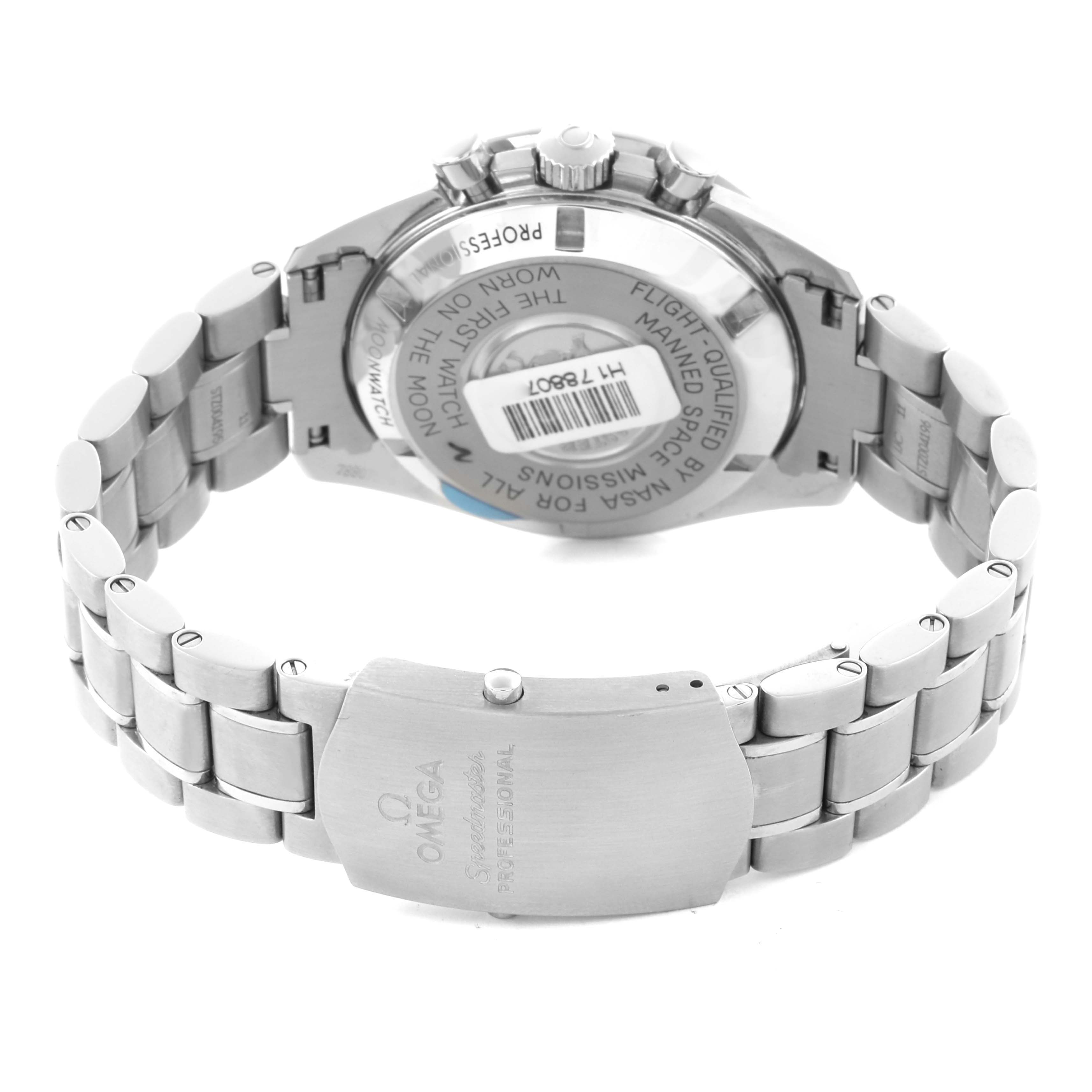 The Omega Speedmaster 311.30.42.30.01.005 Men's Stainless Steel Black Dial 311.30.42.30.01.005 Men's Stainless Steel Black Dial watch is shown from the back, highlighting its clasp, bracelet, and case back.