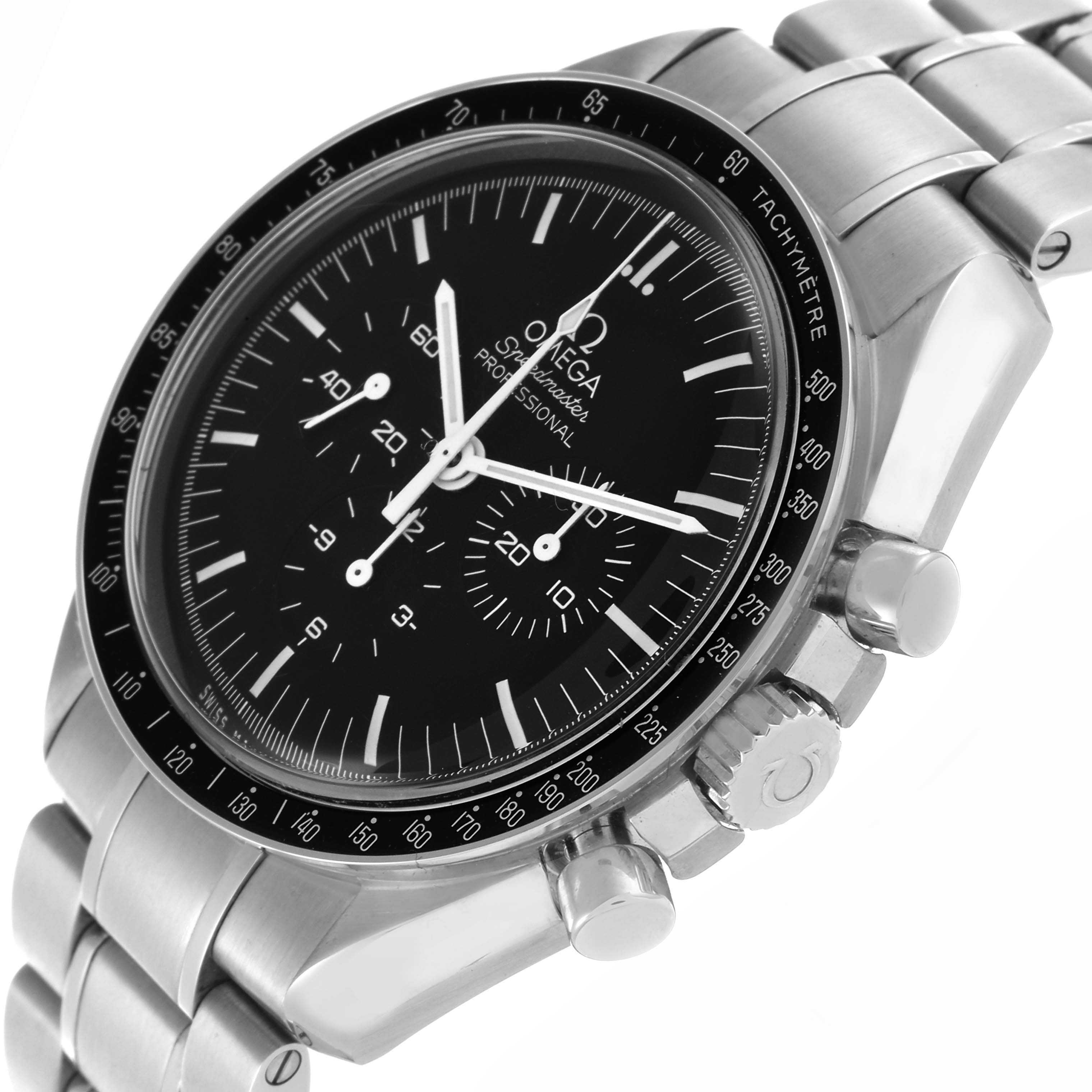 The Omega Speedmaster 311.30.42.30.01.005 Men's Stainless Steel Black Dial 311.30.42.30.01.005 Men's Stainless Steel Black Dial watch is shown at a slight angle, highlighting the dial, bezel, crown, and bracelet links.