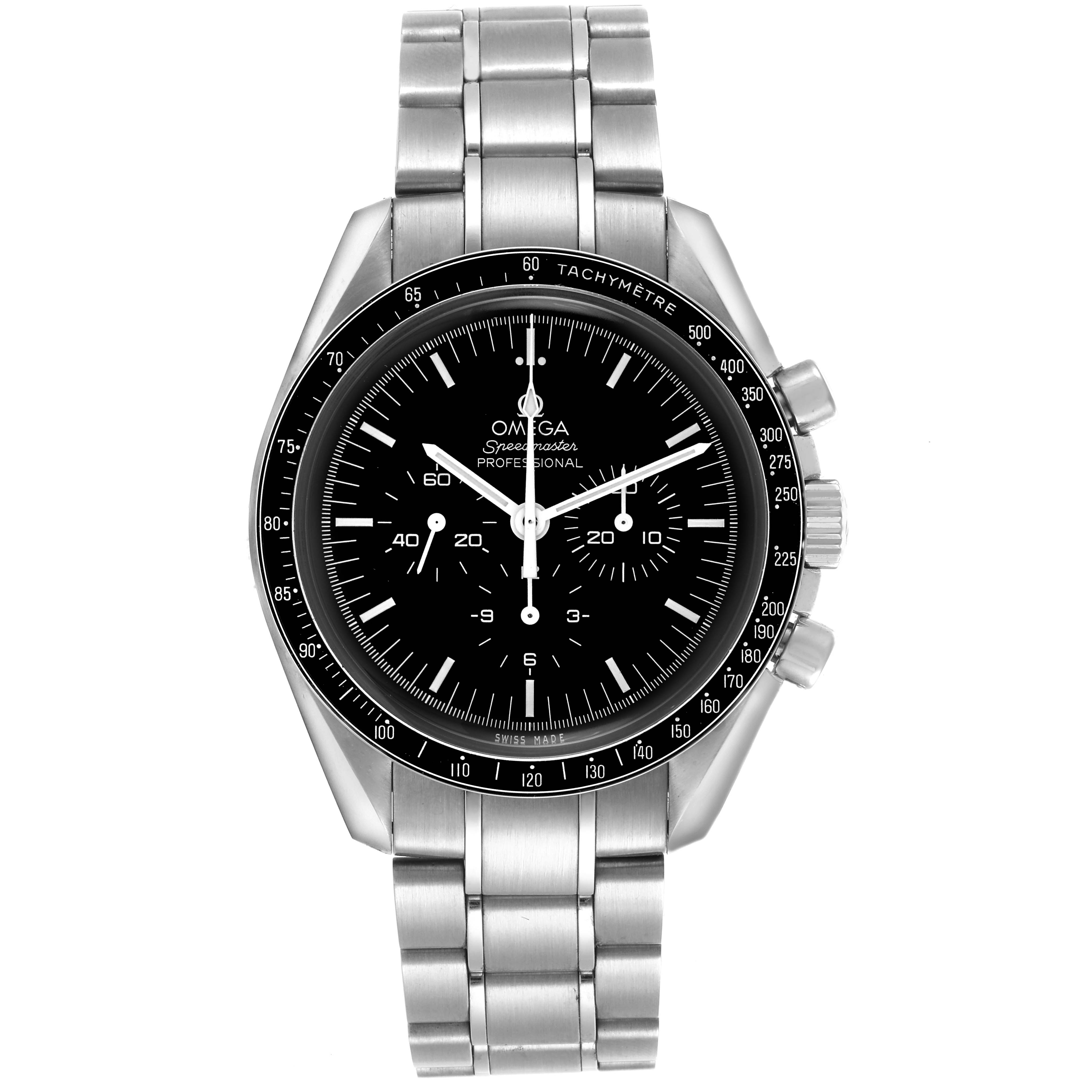 The Omega Speedmaster 311.30.42.30.01.005 Men's Stainless Steel Black Dial 311.30.42.30.01.005 Men's Stainless Steel Black Dial watch is shown from the front, displaying the dial, bezel, and metal bracelet.